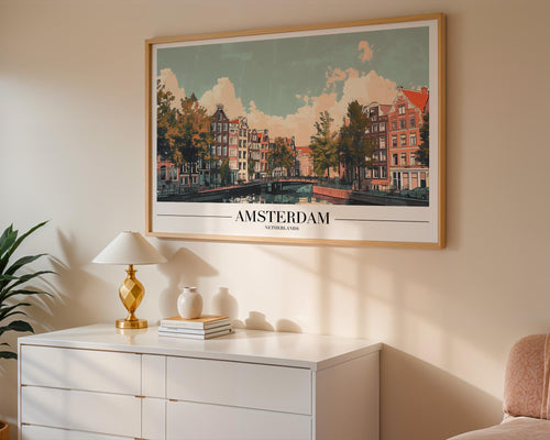 Amsterdam Canal Vintage Travel Poster | Dutch Cityscape Art Print wall art print, modern home decor, unframed artwork by Nomad & Nest