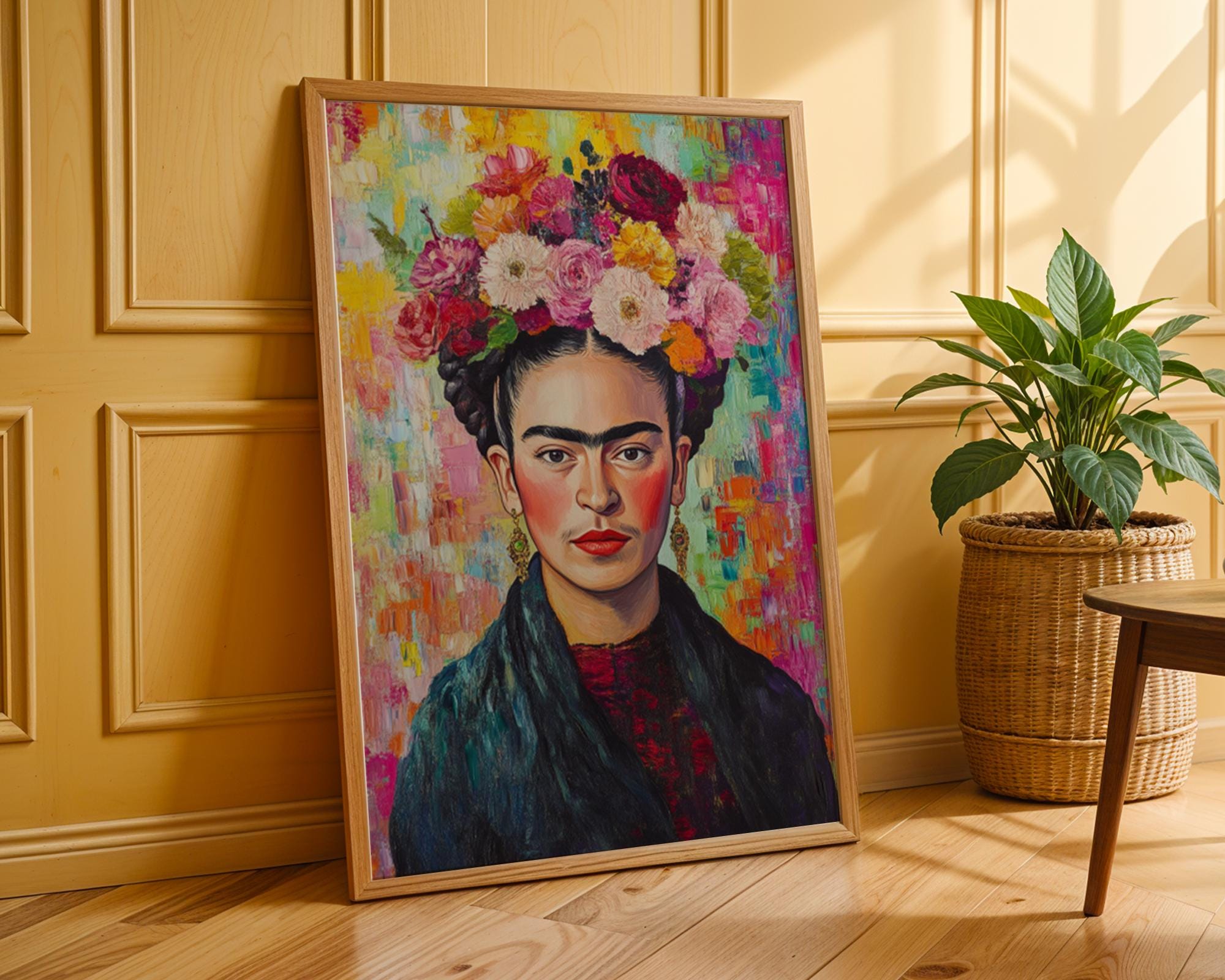 Frida Kahlo Portrait Print | Colourful Floral Crown, Impasto Texture wall art print, modern home decor, unframed artwork by Nomad & Nest