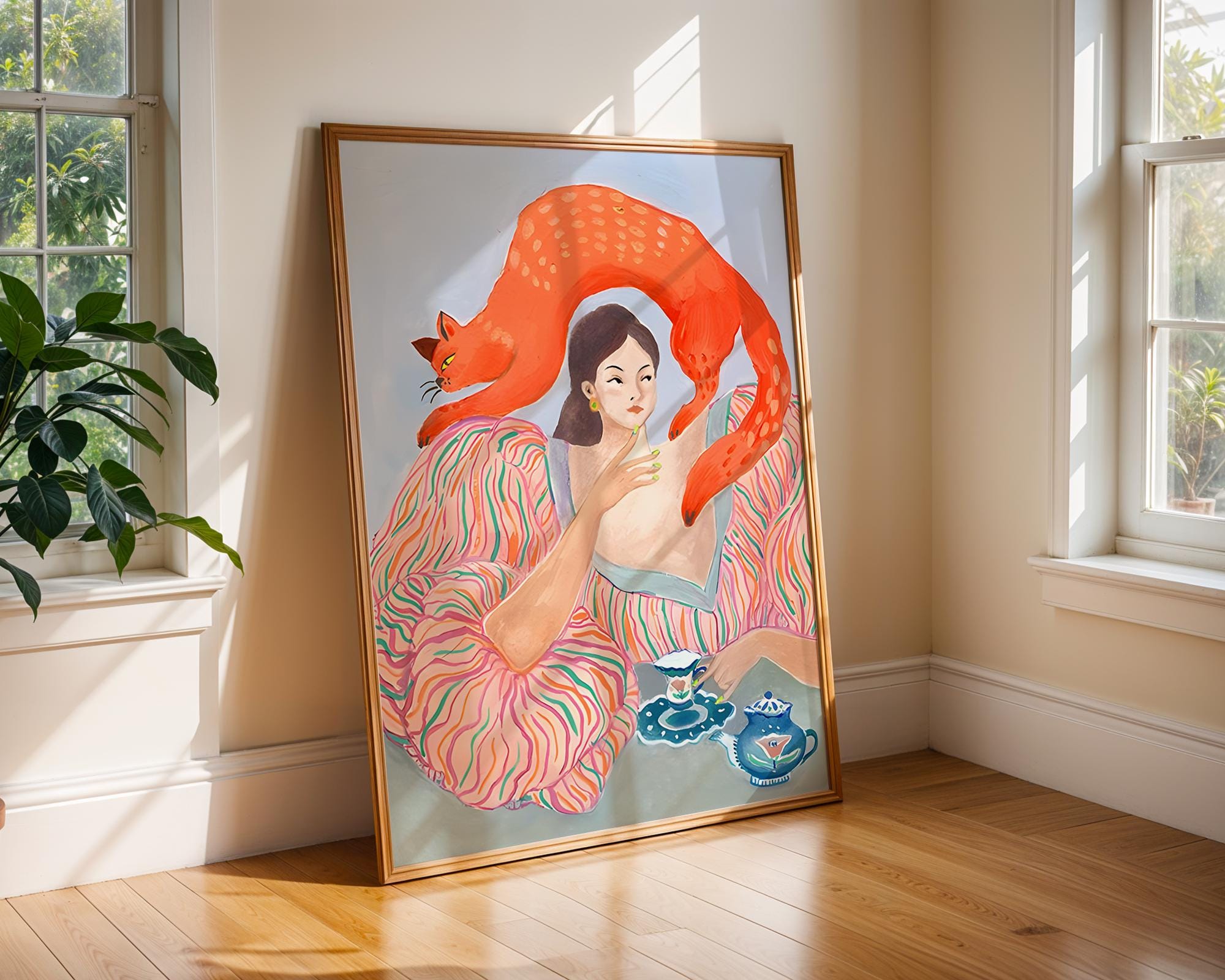 Whimsical Woman with Cat Art Print | Modern Maximalist Decor wall art print, modern home decor, unframed artwork by Nomad & Nest