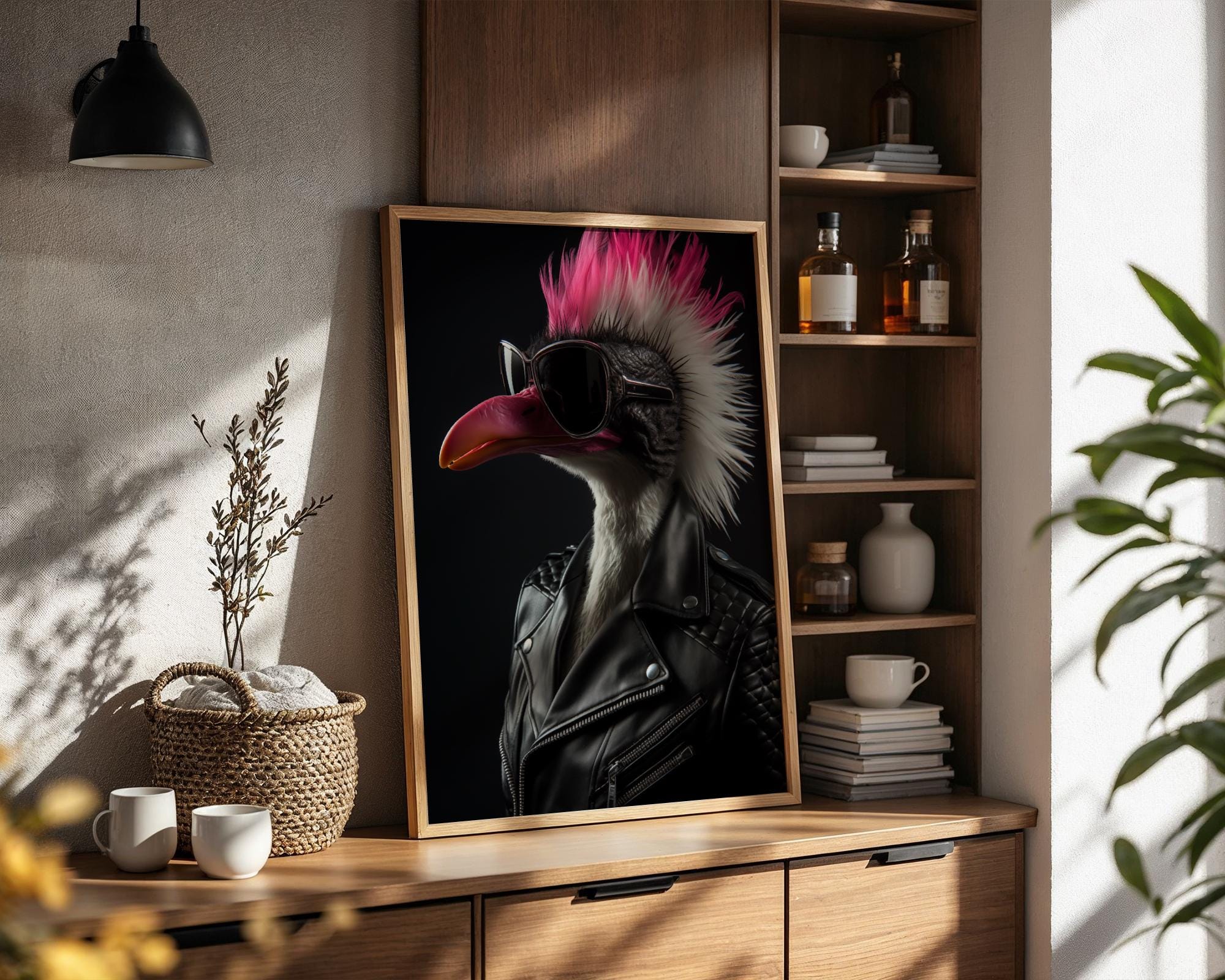 Punk Rock Flamingo Print | Leather Jacket Mohawk Bird Wall Art wall art print, modern home decor, unframed artwork by Nomad & Nest