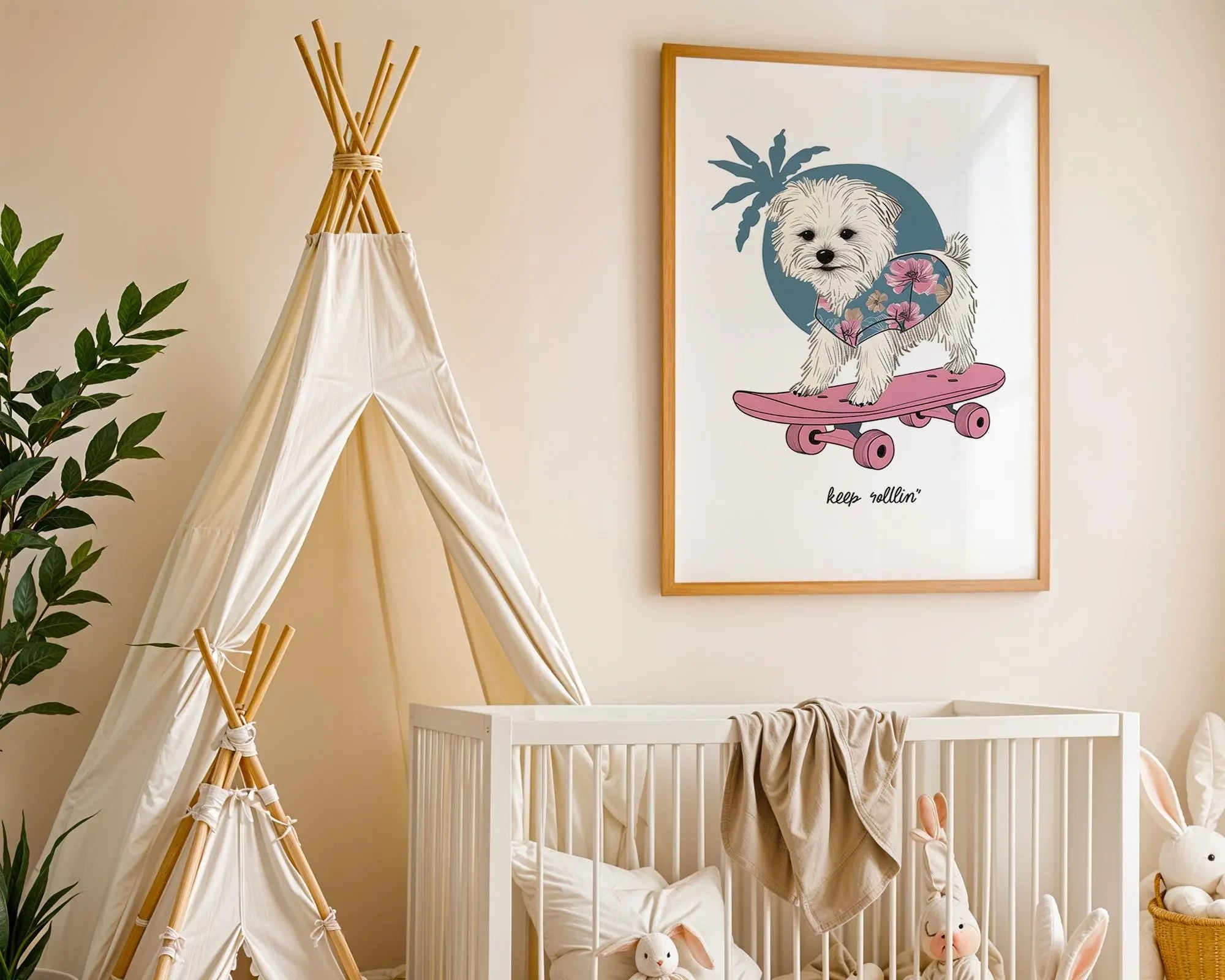Playroom Ideas | Skate Dog Nursery Wall Art | Boho Animal Baby Print wall art print, modern home decor, unframed artwork by Nomad & Nest
