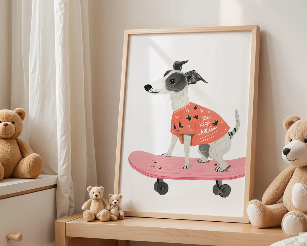 Playroom Ideas | Skate Dog Nursery Wall Art | Modern Animal Boho Print wall art print, modern home decor, unframed artwork by Nomad & Nest