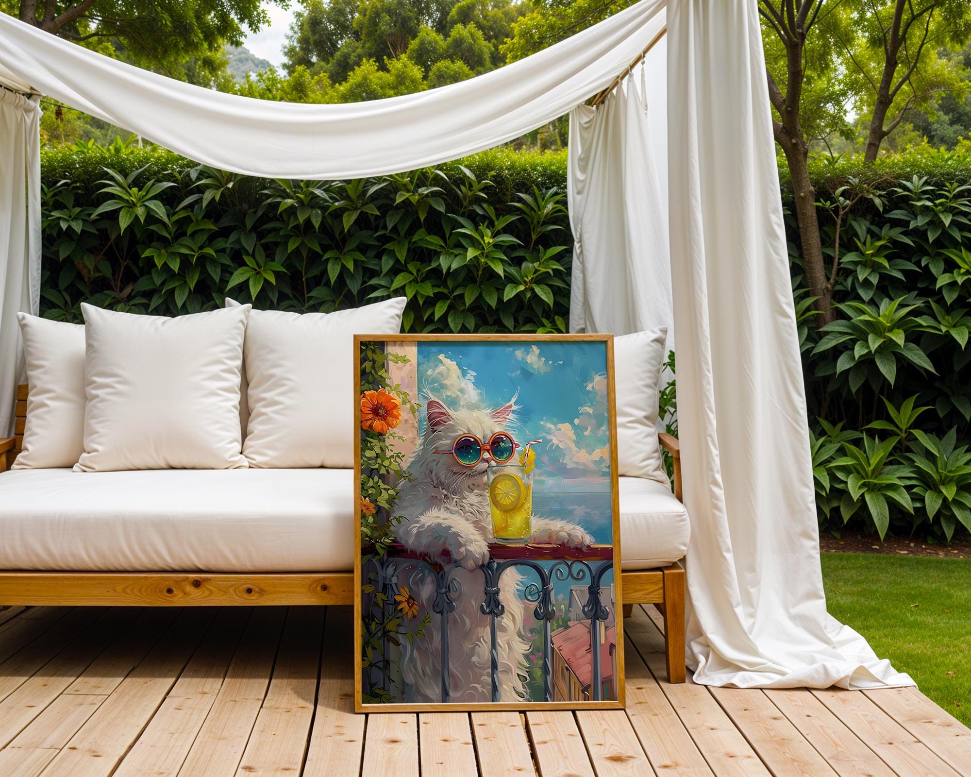 Colourful Prints | Funny Cat Print | Summer Balcony, Lemonade, Sunglasses wall art print, modern home decor, unframed artwork by Nomad & Nest