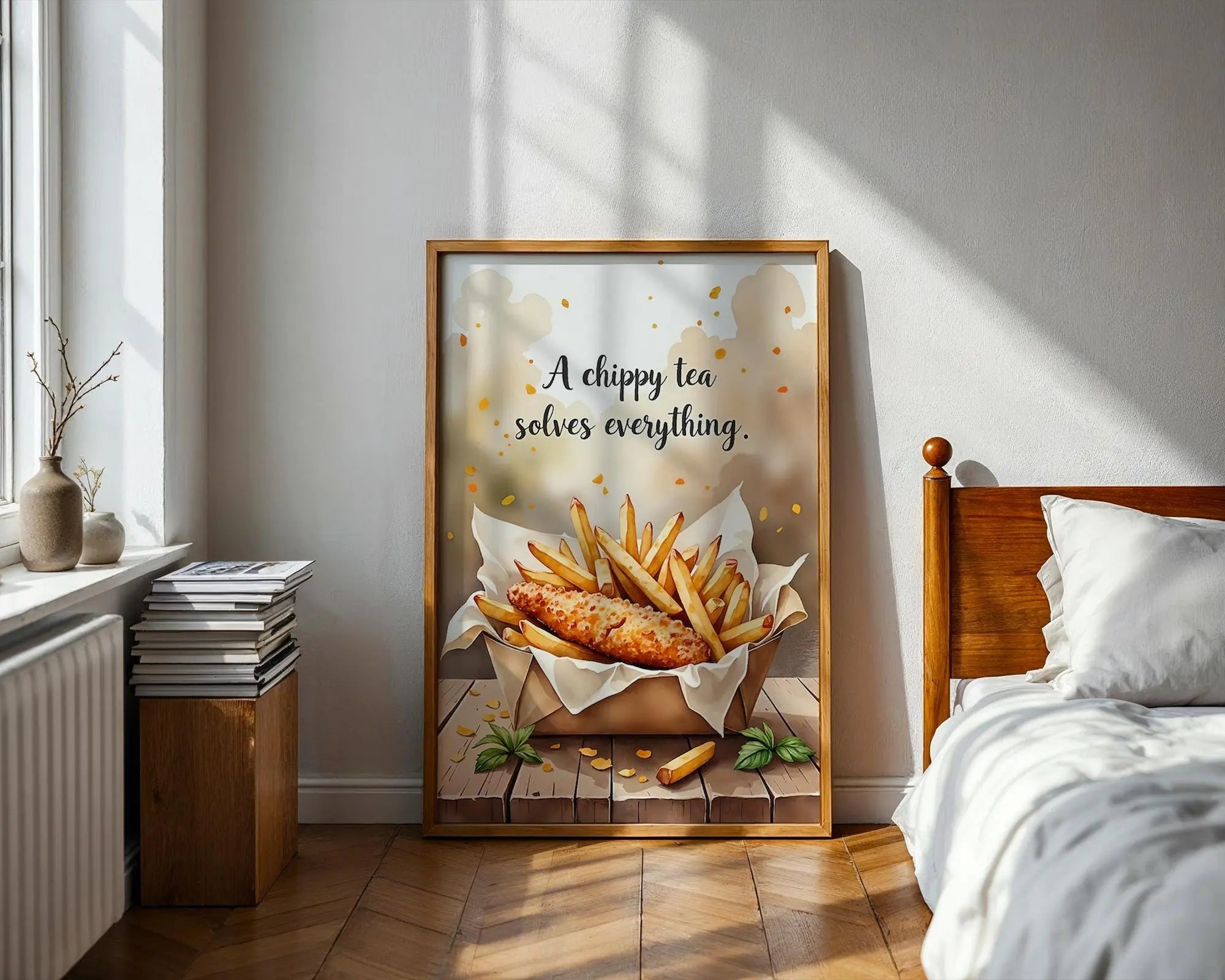 Positive Emotion | A Chippy Tea Solves Everything | Food Quote Art | British Comfort Wall Print wall art print, modern home decor, unframed artwork by Nomad & Nest