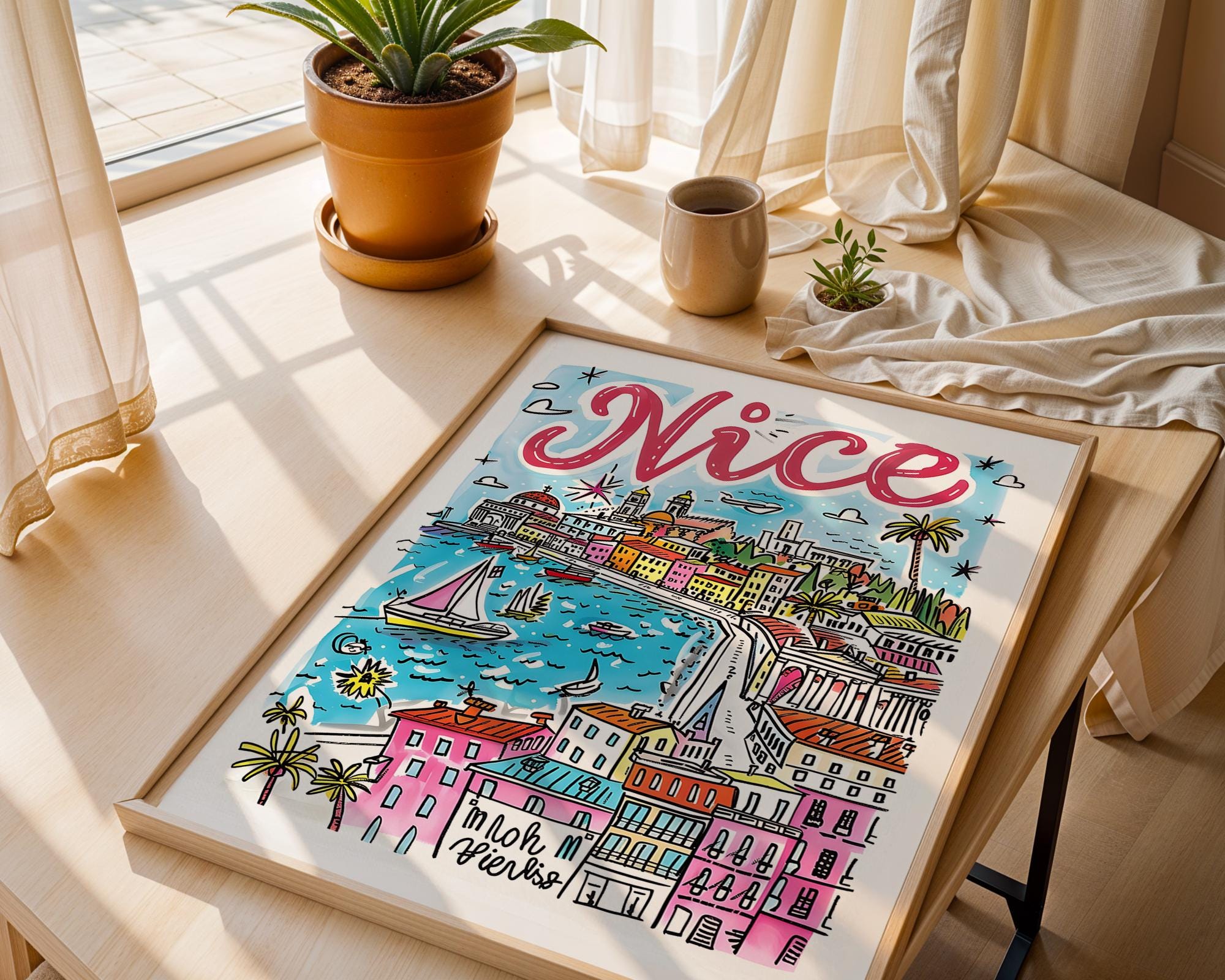 Nice France Poster | Colorful Hand-Drawn Travel Print wall art print, modern home decor, unframed artwork by Nomad & Nest