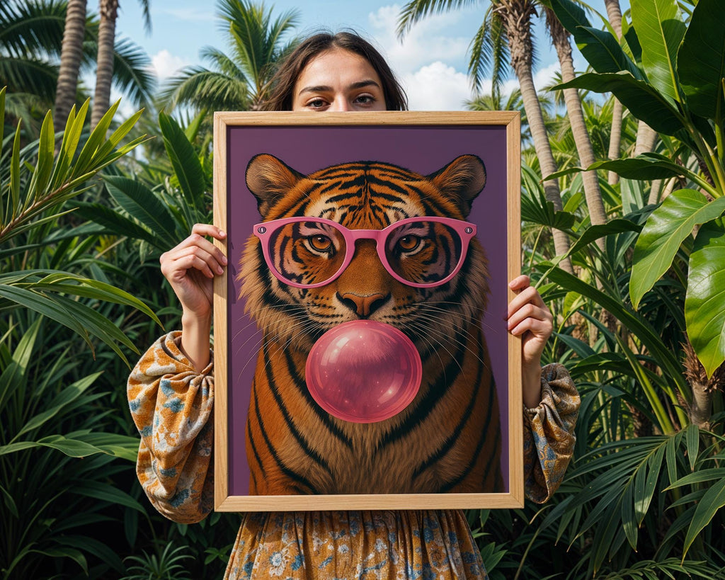 Colourful Prints | Bubblegum Tiger Print | Funky Animal Art with Pink Glasses wall art print, modern home decor, unframed artwork by Nomad & Nest