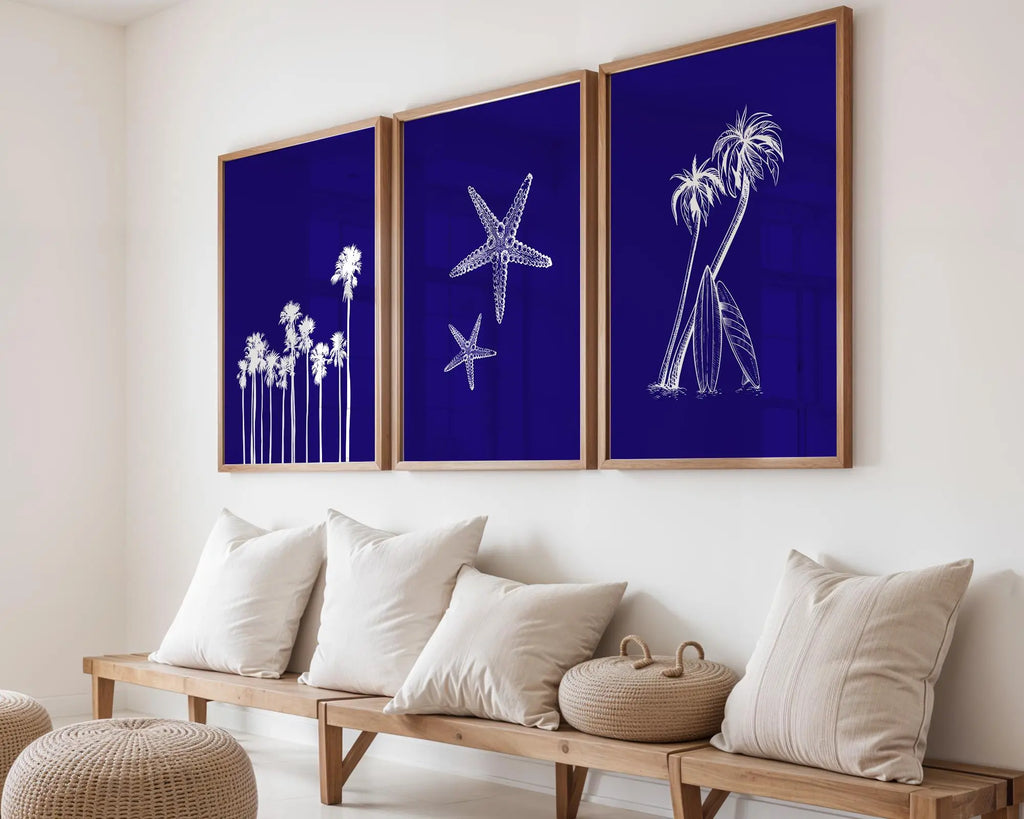 Colourful Prints | Deep Blue Beach Prints Set | Palm Trees, Starfish Art wall art print, modern home decor, unframed artwork by Nomad & Nest