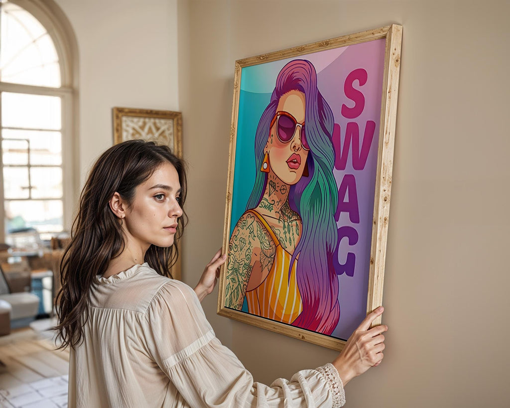 Modern Pop Art | Swag Girl  Print | Rainbow Hair, Tattoo Street wall art print, modern home decor, unframed artwork by Nomad & Nest