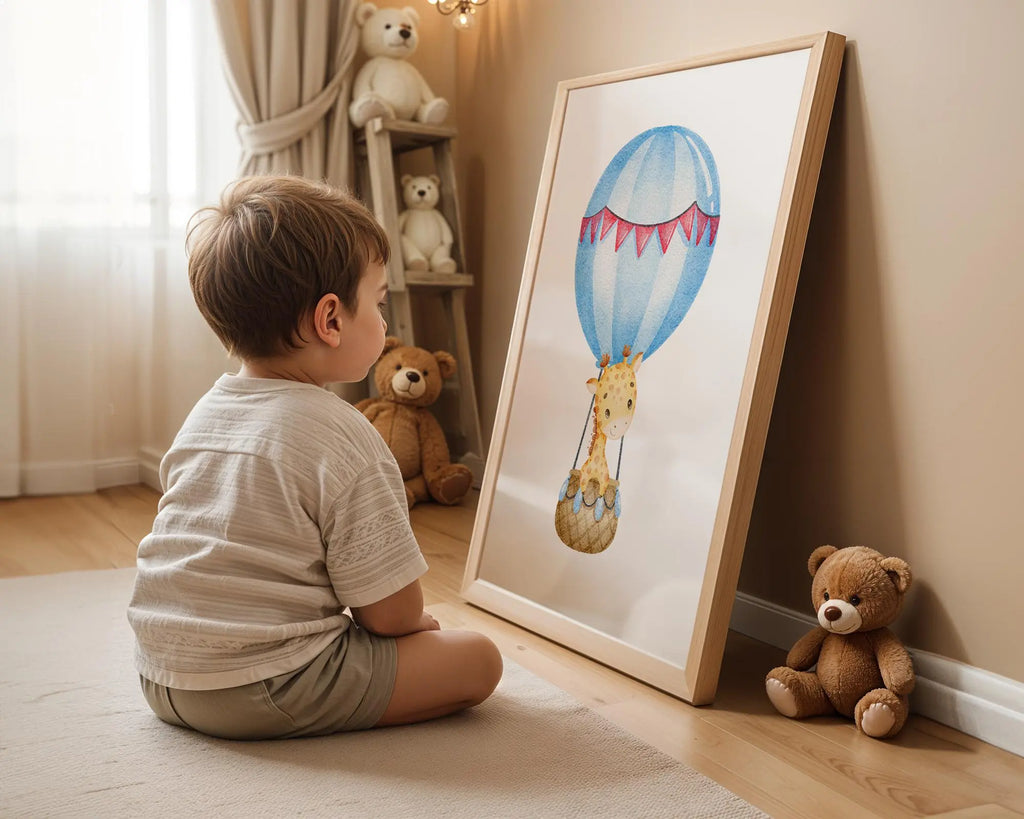 Playroom Ideas | Giraffe Balloon Nursery Print | Safari Animal Wall Art wall art print, modern home decor, unframed artwork by Nomad & Nest