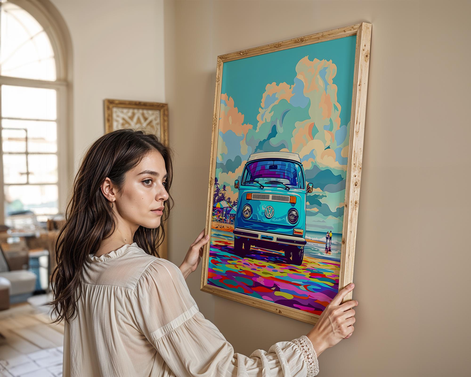 Modern Pop Art | Retro VW Bus Beach Print | Colorful Bohemian Van wall art print, modern home decor, unframed artwork by Nomad & Nest