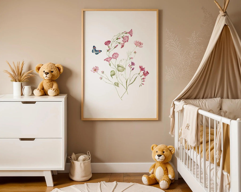 Playroom Ideas | Pink Floral Butterfly Nursery Art – Boho Nursery Print wall art print, modern home decor, unframed artwork by Nomad & Nest