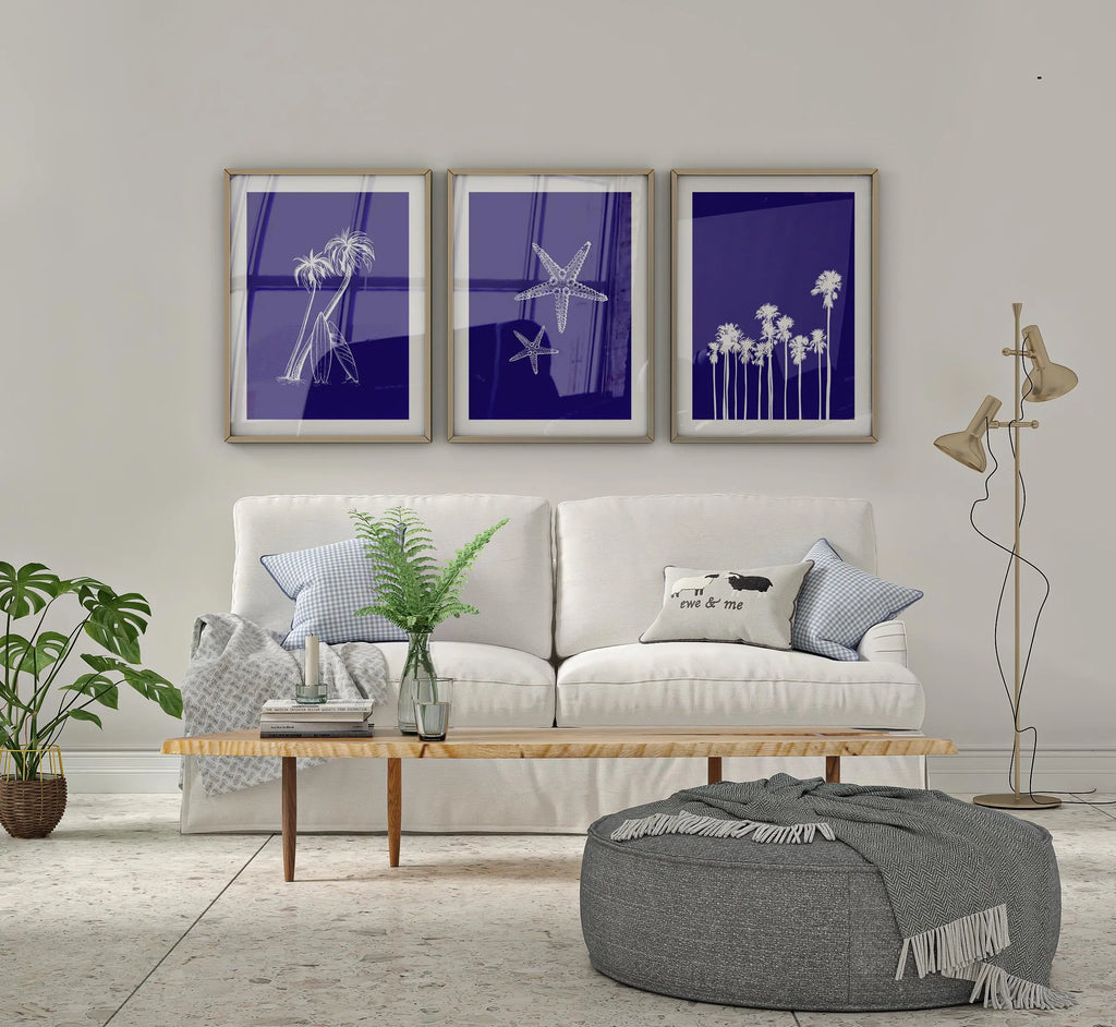 Colourful Prints | Deep Blue Beach Prints Set | Palm Trees, Starfish Art wall art print, modern home decor, unframed artwork by Nomad & Nest