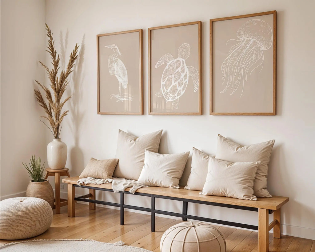 Colourful Prints | Coastal Line Art Print Set • Heron, Turtle, Jellyfish wall art print, modern home decor, unframed artwork by Nomad & Nest