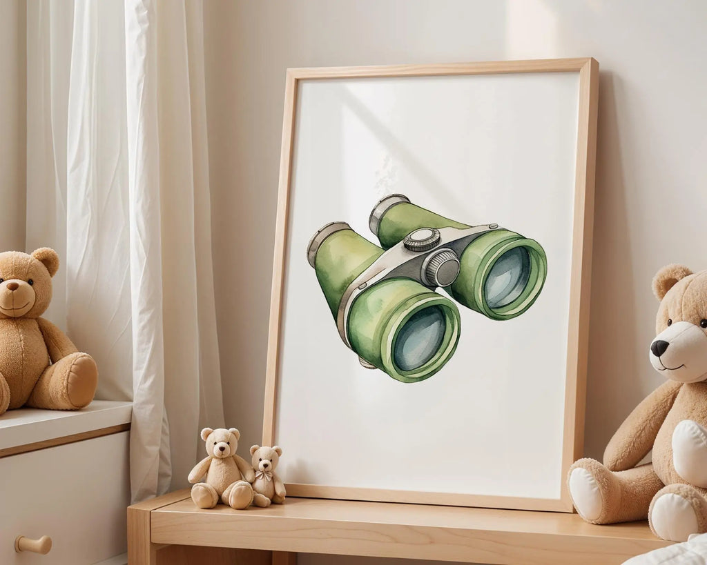 Playroom Ideas | Green Binoculars Nursery Wall Art Adventure Decor Print wall art print, modern home decor, unframed artwork by Nomad & Nest