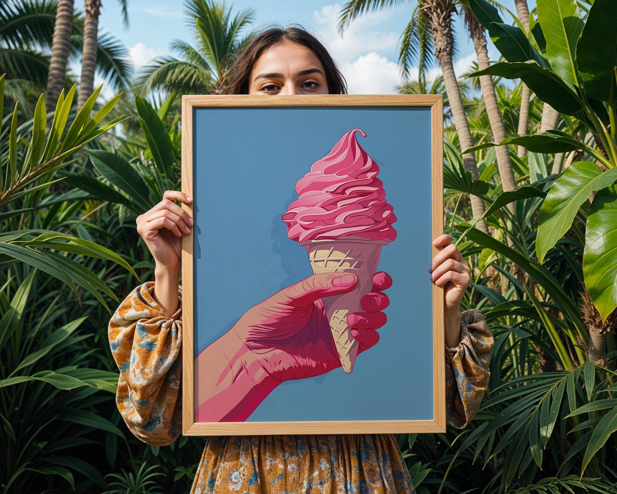 Colourful Prints | Pink Ice Cream Cone Art Print | Retro Summer Dessert Poster wall art print, modern home decor, unframed artwork by Nomad & Nest