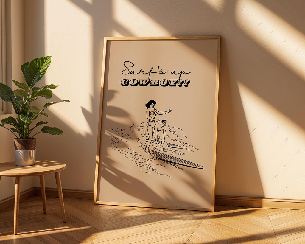 Coastal Cowgirl Surfing Art Print | Retro Beach Poster wall art print, modern home decor, unframed artwork by Nomad & Nest