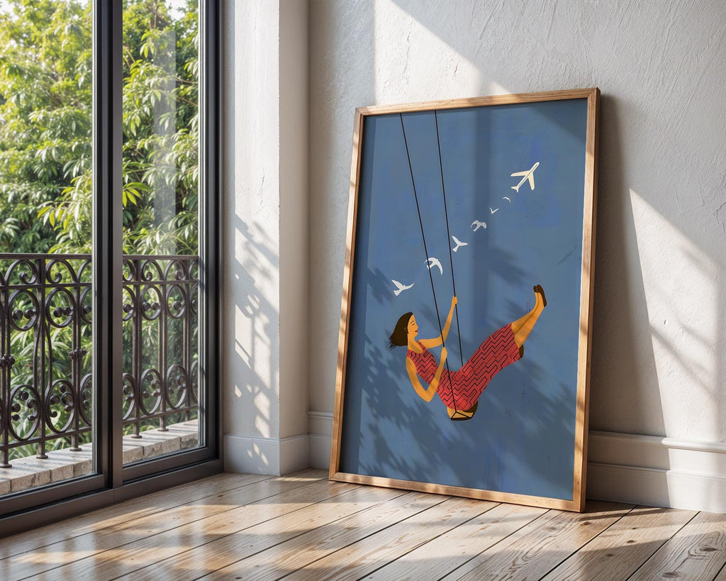Woman on Swing Art Print | Dreamy Blue Sky Wall Decor wall art print, modern home decor, unframed artwork by Nomad & Nest