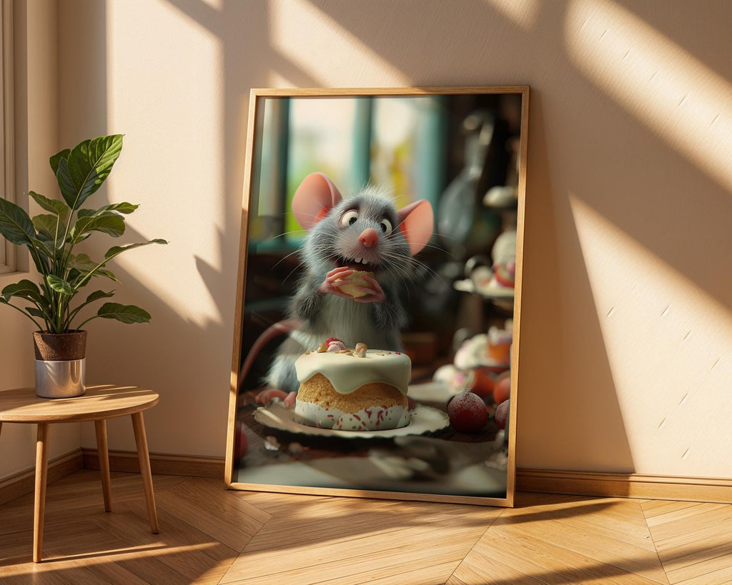 Mouse Eating Cake Kitchen Print | Whimsical Animal Art wall art print, modern home decor, unframed artwork by Nomad & Nest
