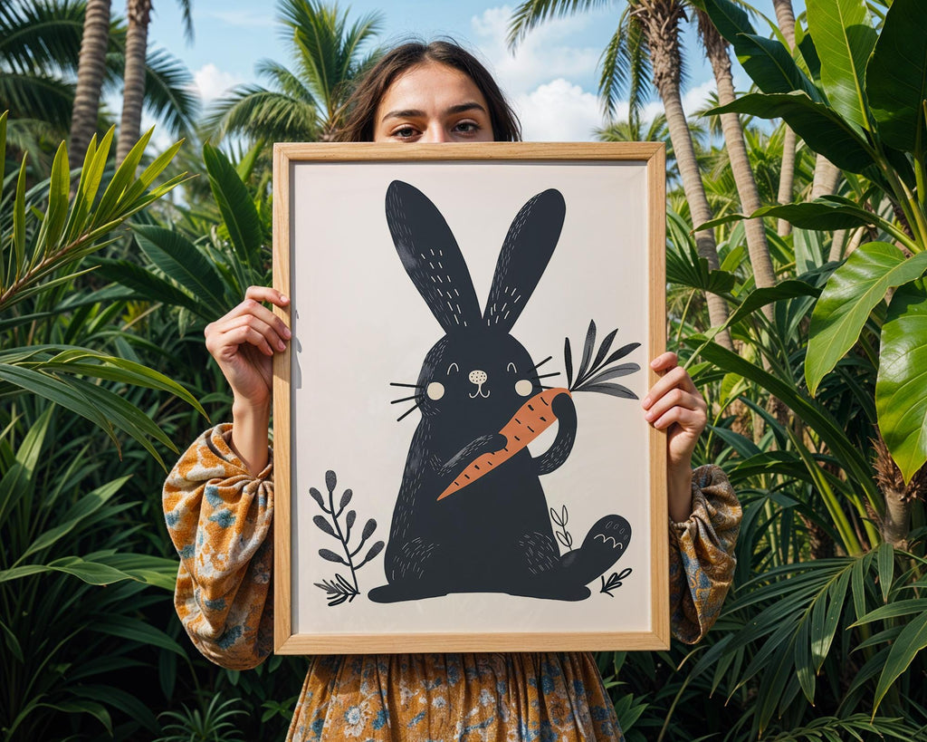 Bunny with Carrot Print | Scandinavian Nursery Art wall art print, modern home decor, unframed artwork by Nomad & Nest