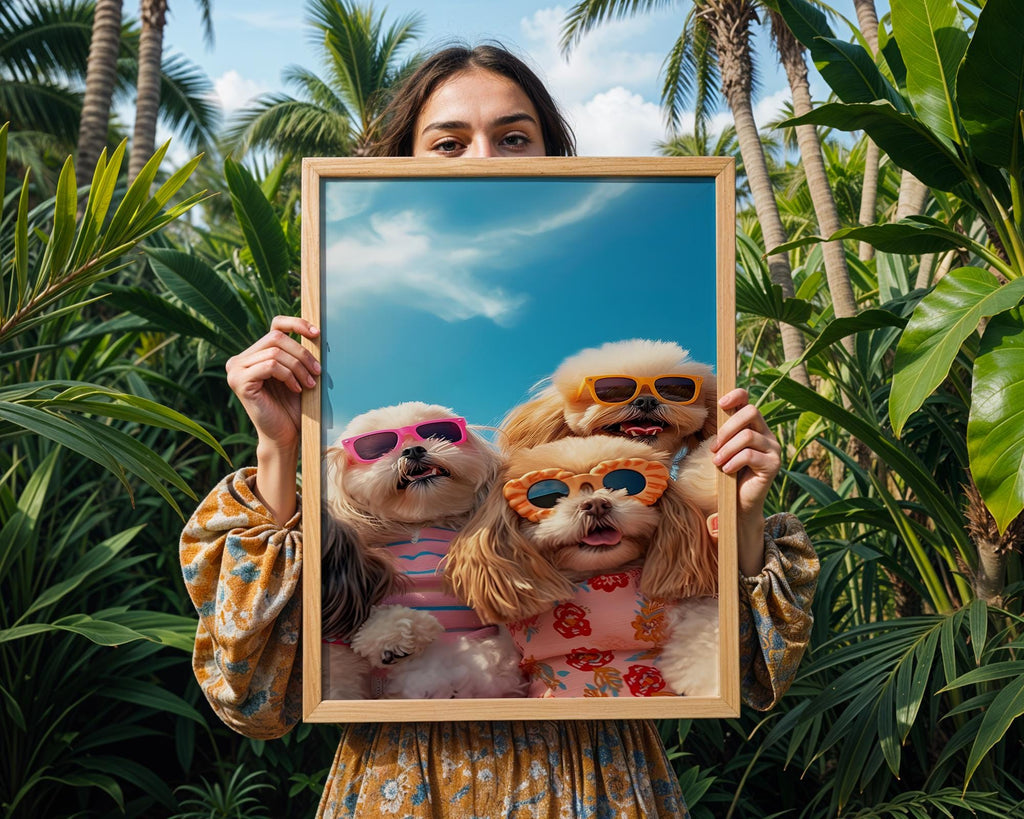 Colourful Prints | Funny Dogs Beach Print | Tropical Pup Art with Sunglasses wall art print, modern home decor, unframed artwork by Nomad & Nest