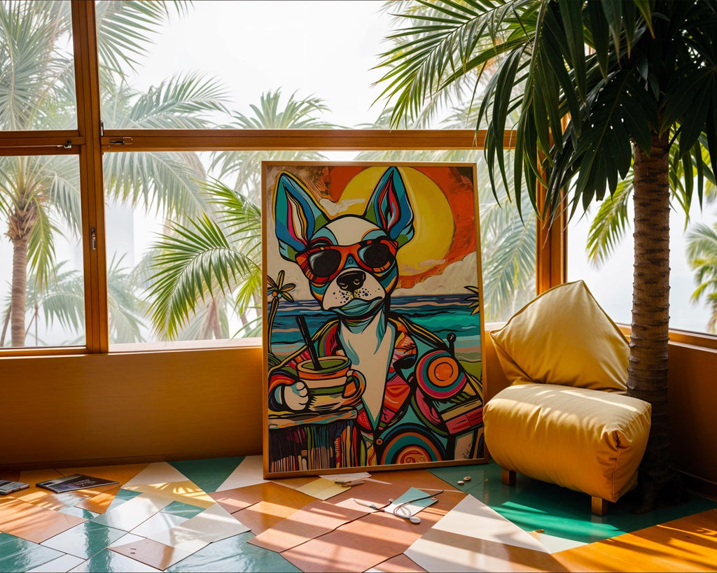 Boston Terrier Cocktail Art Print | Retro Summer Beach Poster wall art print, modern home decor, unframed artwork by Nomad & Nest