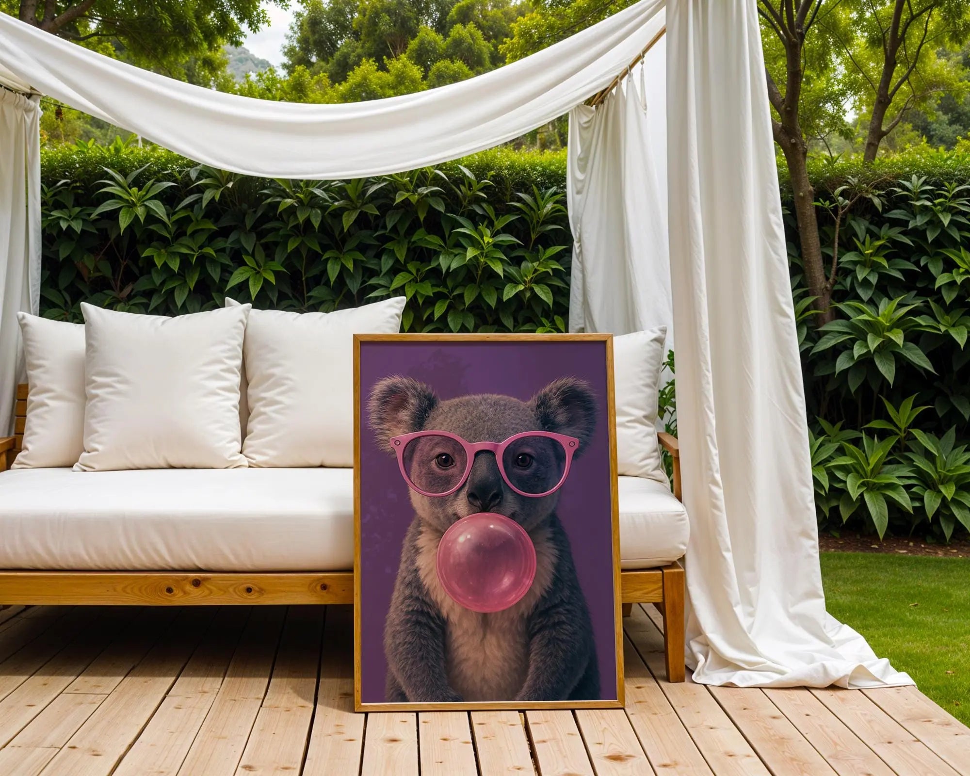 Colourful Prints | Koala Bubblegum Print | Funky Animal Art with Pink Glasses wall art print, modern home decor, unframed artwork by Nomad & Nest