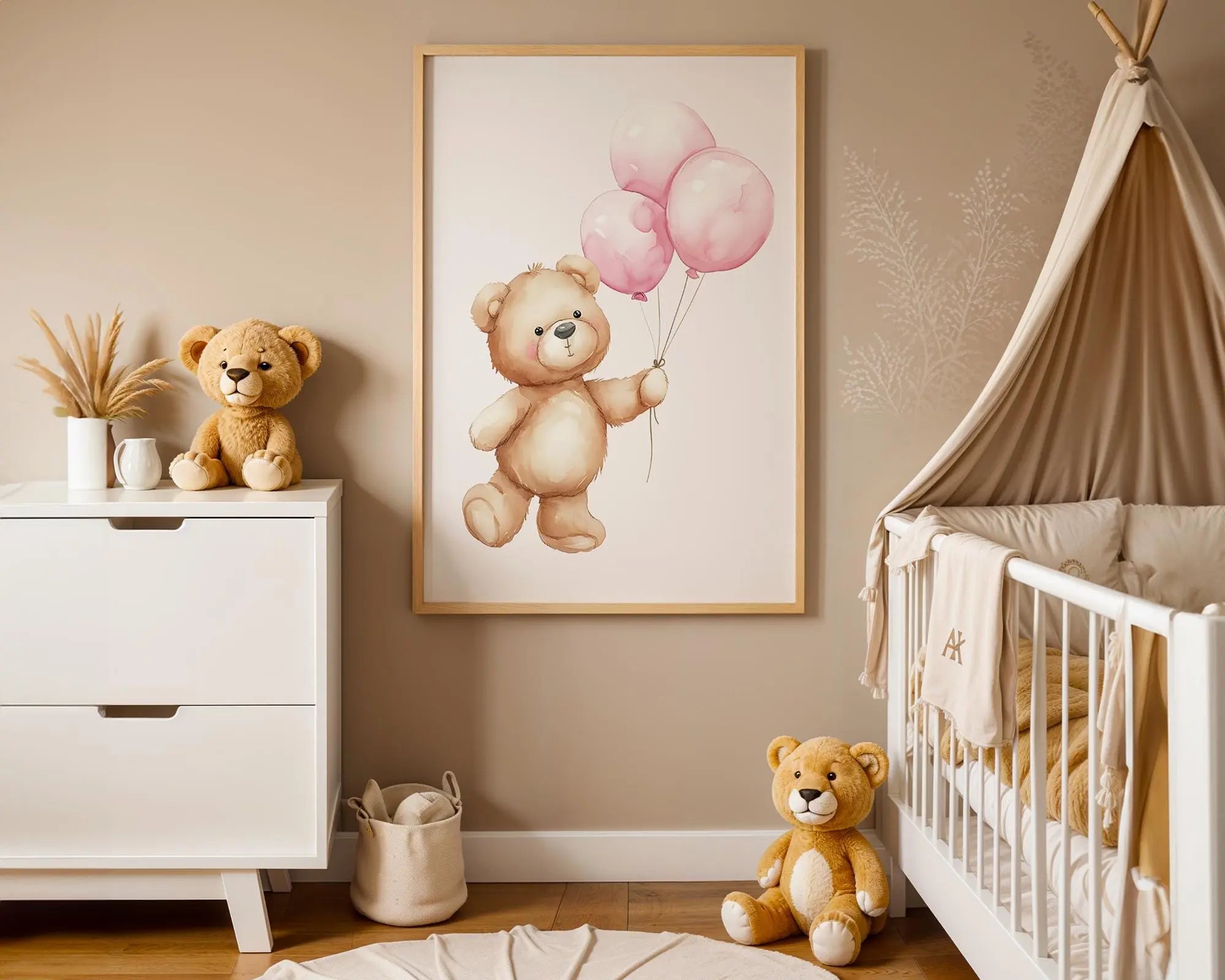 Playroom Ideas | Teddy Balloon Nursery Print | Soft Pink Baby Wall Art wall art print, modern home decor, unframed artwork by Nomad & Nest