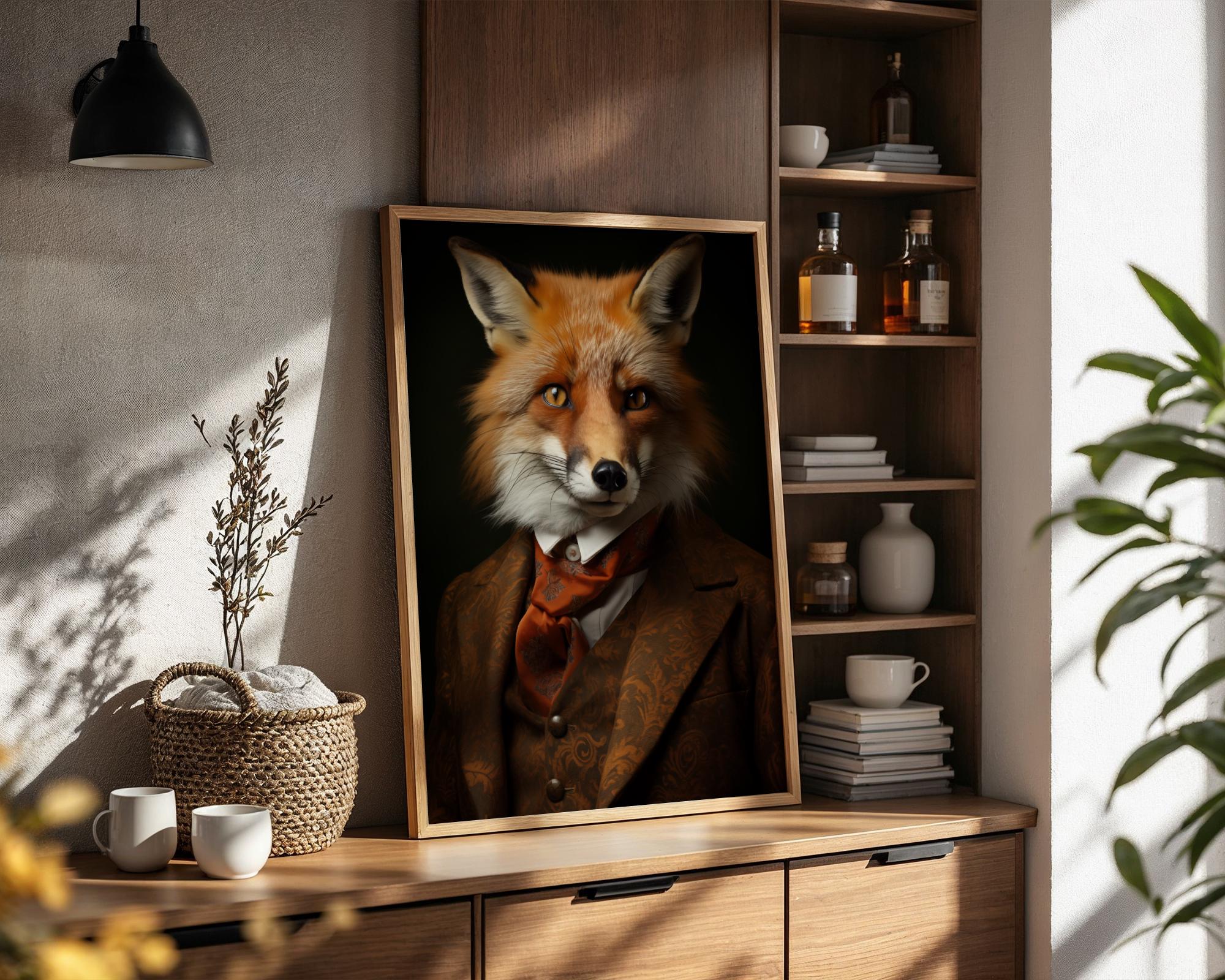 Red Fox Portrait | Vintage Gentleman Animal Wall Art with Autumn Scarf and Ornate Suit wall art print, modern home decor, unframed artwork by Nomad & Nest