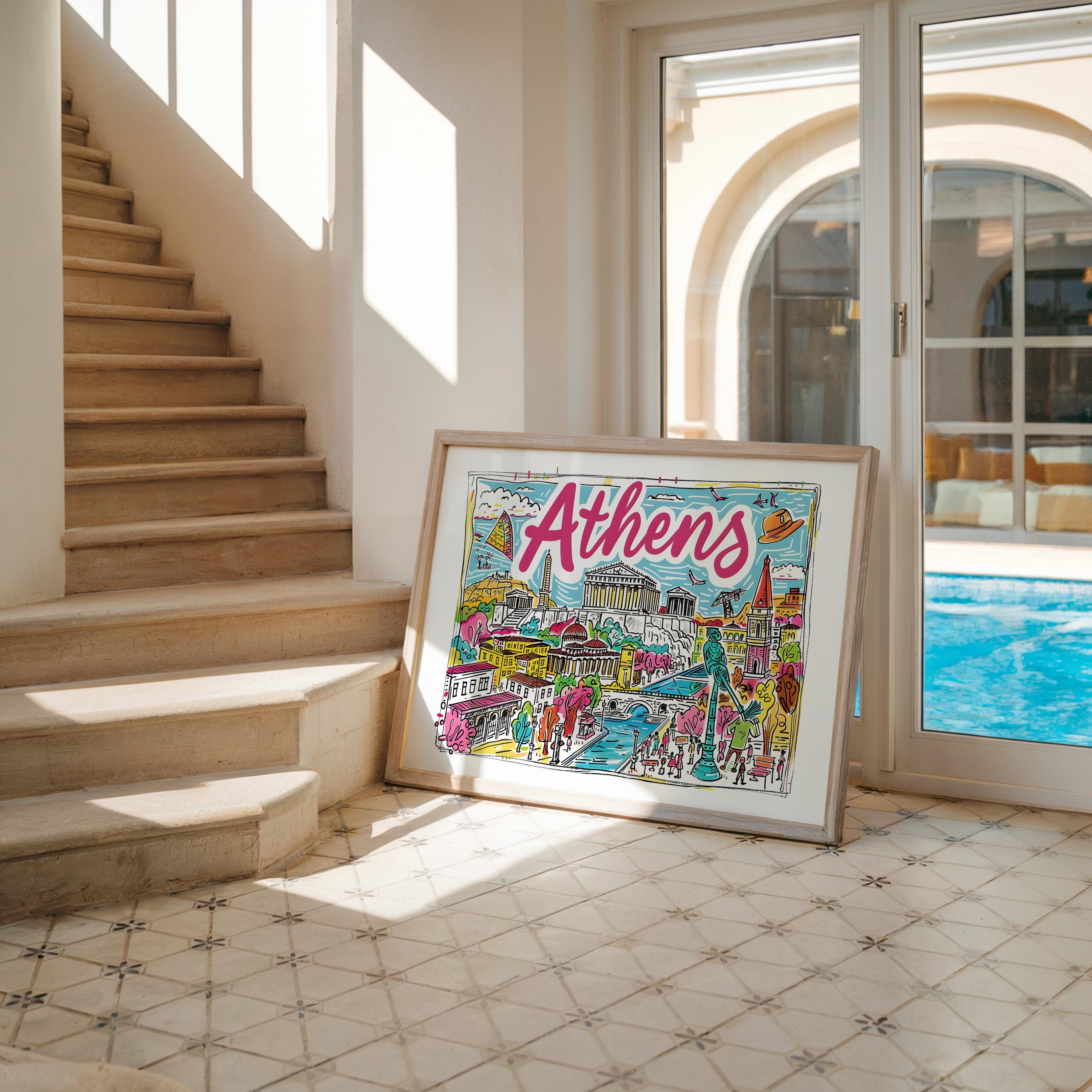 Athens Greece Travel Poster | Colorful Parthenon Art Print wall art print, modern home decor, unframed artwork by Nomad & Nest