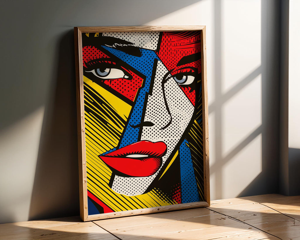 Modern Pop Art | Geometric  Woman's Face Print | Retro Comic Book Style wall art print, modern home decor, unframed artwork by Nomad & Nest