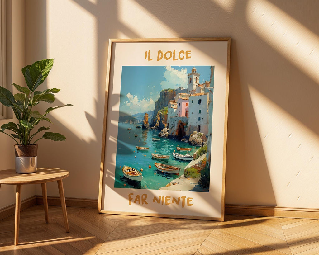 Colourful Prints | Il Dolce Far Niente Print | Italian Coastal Art, Boat Painting wall art print, modern home decor, unframed artwork by Nomad & Nest