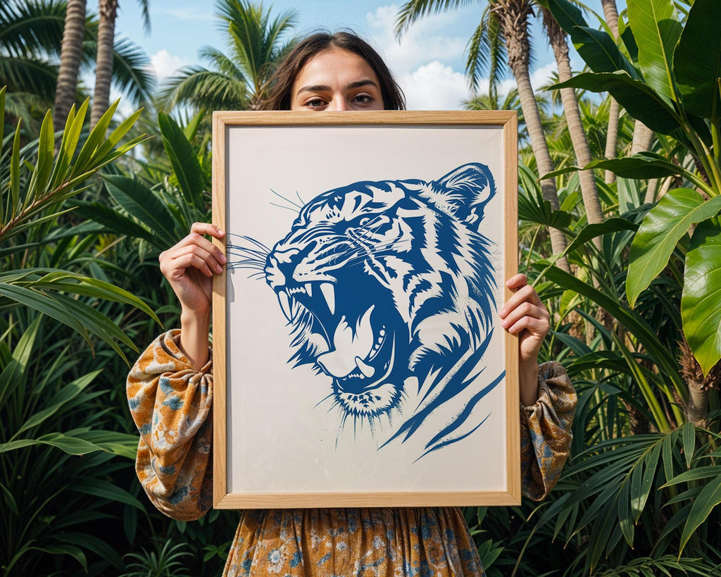Deep Blue Roaring Tiger Print, Bold Animal Poster wall art print, modern home decor, unframed artwork by Nomad & Nest