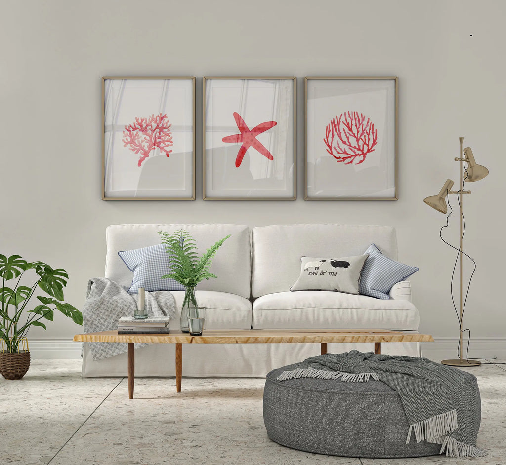 Colourful Prints | Coastal Coral & Starfish Art Prints, Beach House (Set of 3) wall art print, modern home decor, unframed artwork by Nomad & Nest