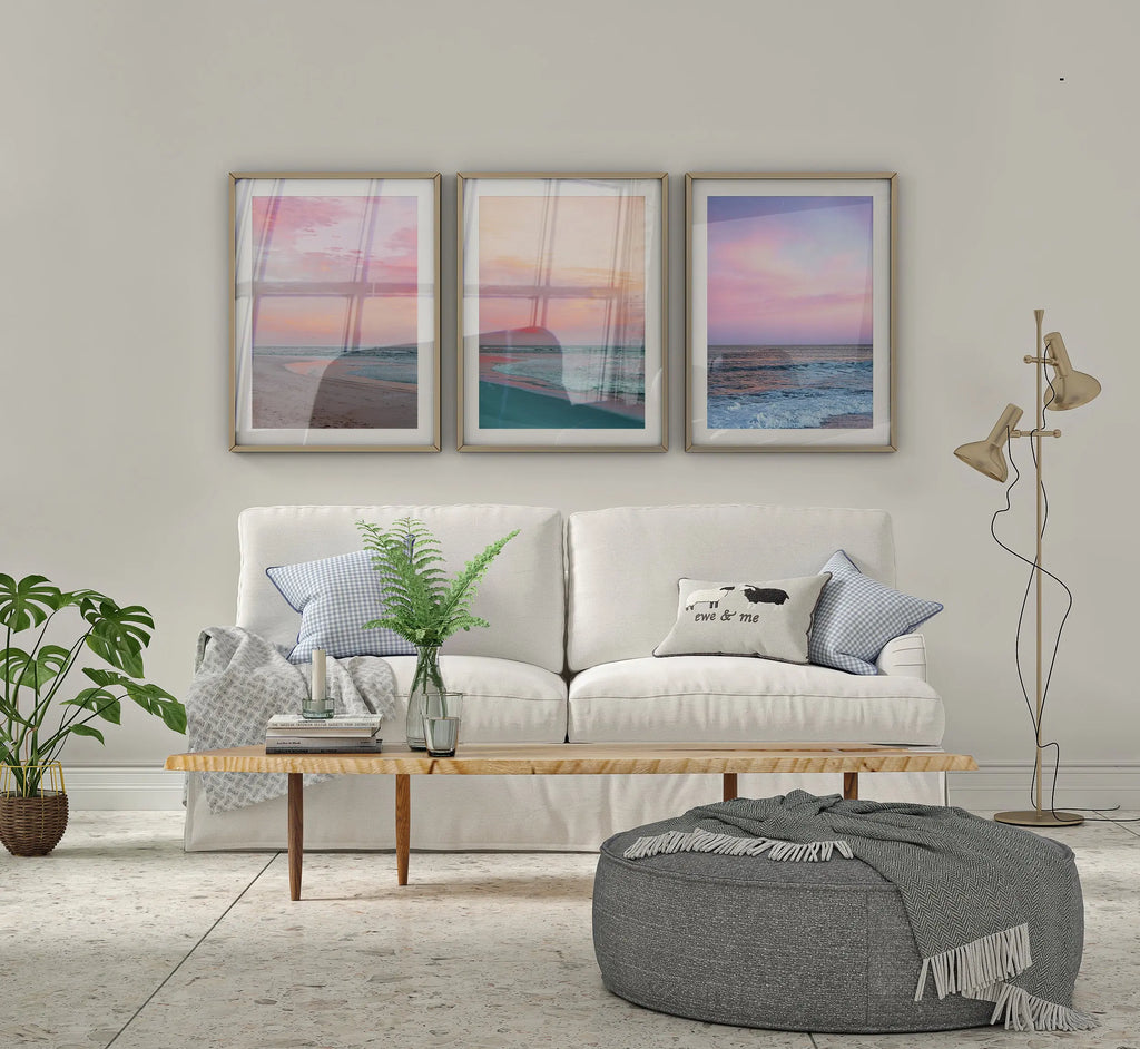 Colourful Prints | Pink Sunset Ocean Photography Print Set, Coastal Living Room Decor (Set of 3) wall art print, modern home decor, unframed artwork by Nomad & Nest