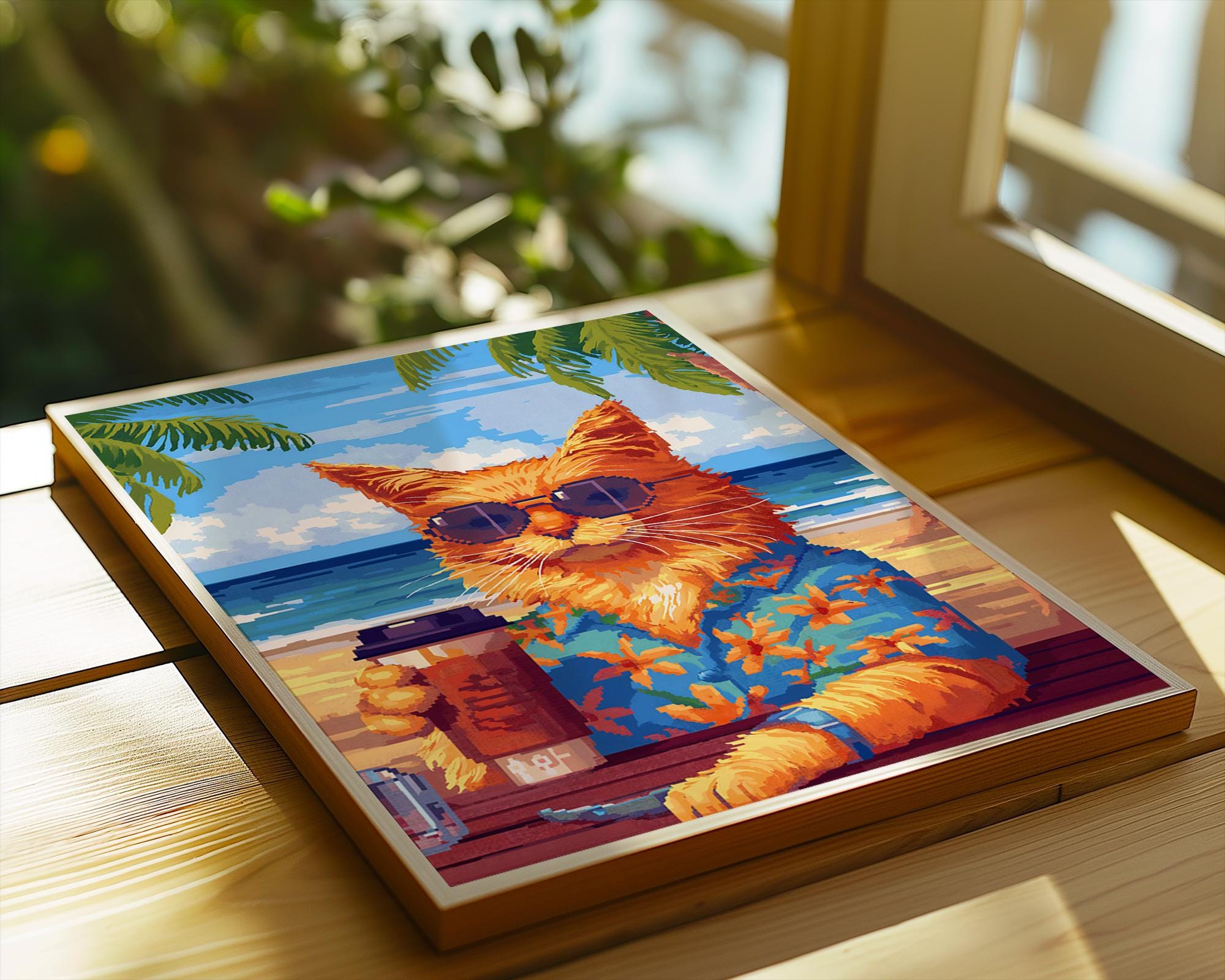 Retro Cat Beach Print | Funny Feline Summer Holiday Poster wall art print, modern home decor, unframed artwork by Nomad & Nest