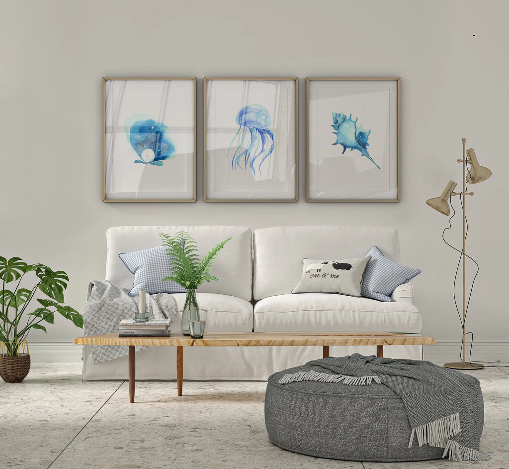 Colourful Prints | Ocean Wall Art Prints | Watercolour Seashell, Jellyfish, Pearl Set (Set of 3) wall art print, modern home decor, unframed artwork by Nomad & Nest