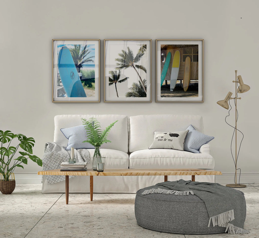 Colourful Prints | Tropical Surfboard & Palm Tree Print Set, Coastal Photography Wall Art (Set of 3) wall art print, modern home decor, unframed artwork by Nomad & Nest