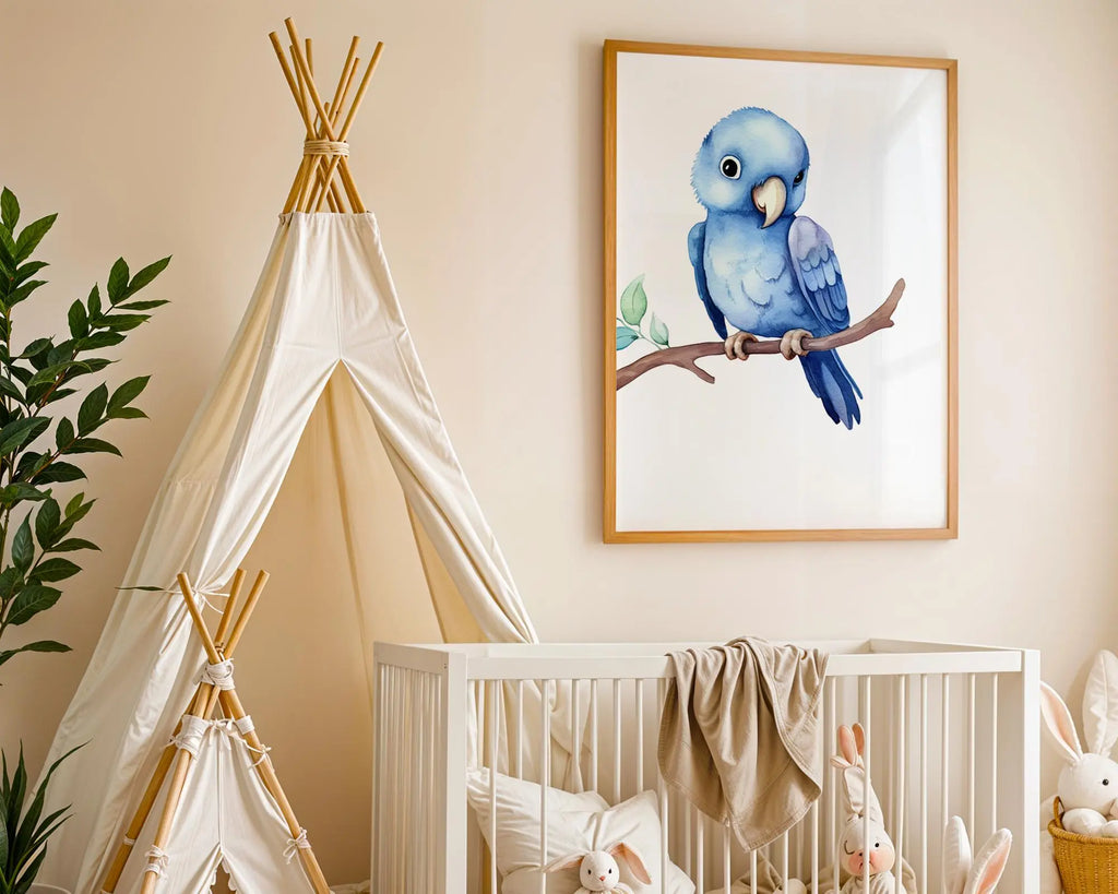 Playroom Ideas | Blue Parrot Nursery Wall Art | Tropical Bird Baby Print wall art print, modern home decor, unframed artwork by Nomad & Nest