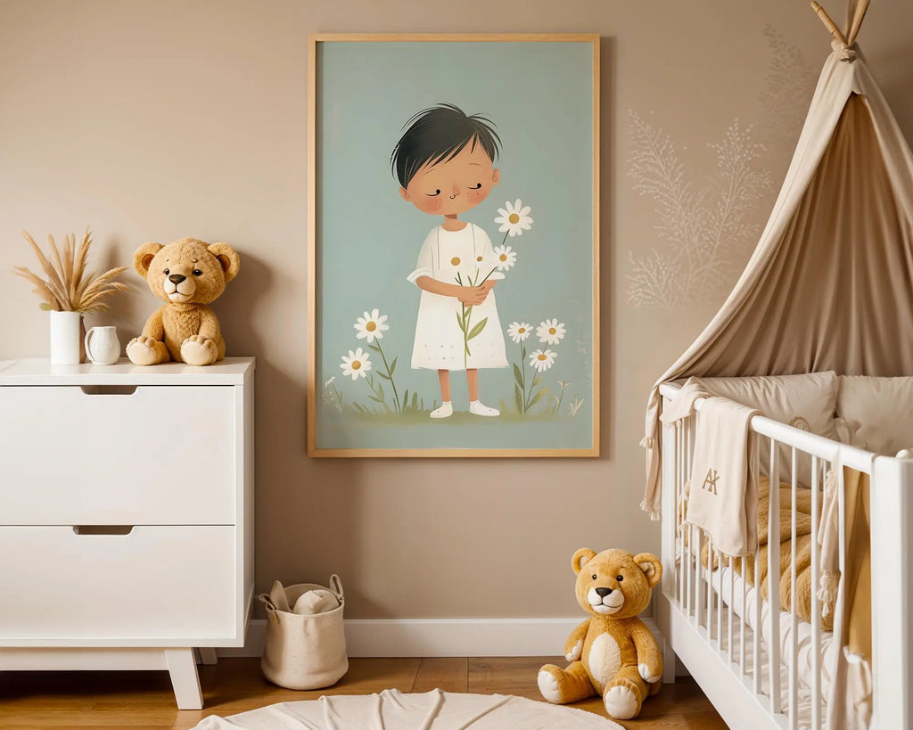 Playroom Ideas | Child With Flowers Nursery Print | Soft Boho Wall Art wall art print, modern home decor, unframed artwork by Nomad & Nest