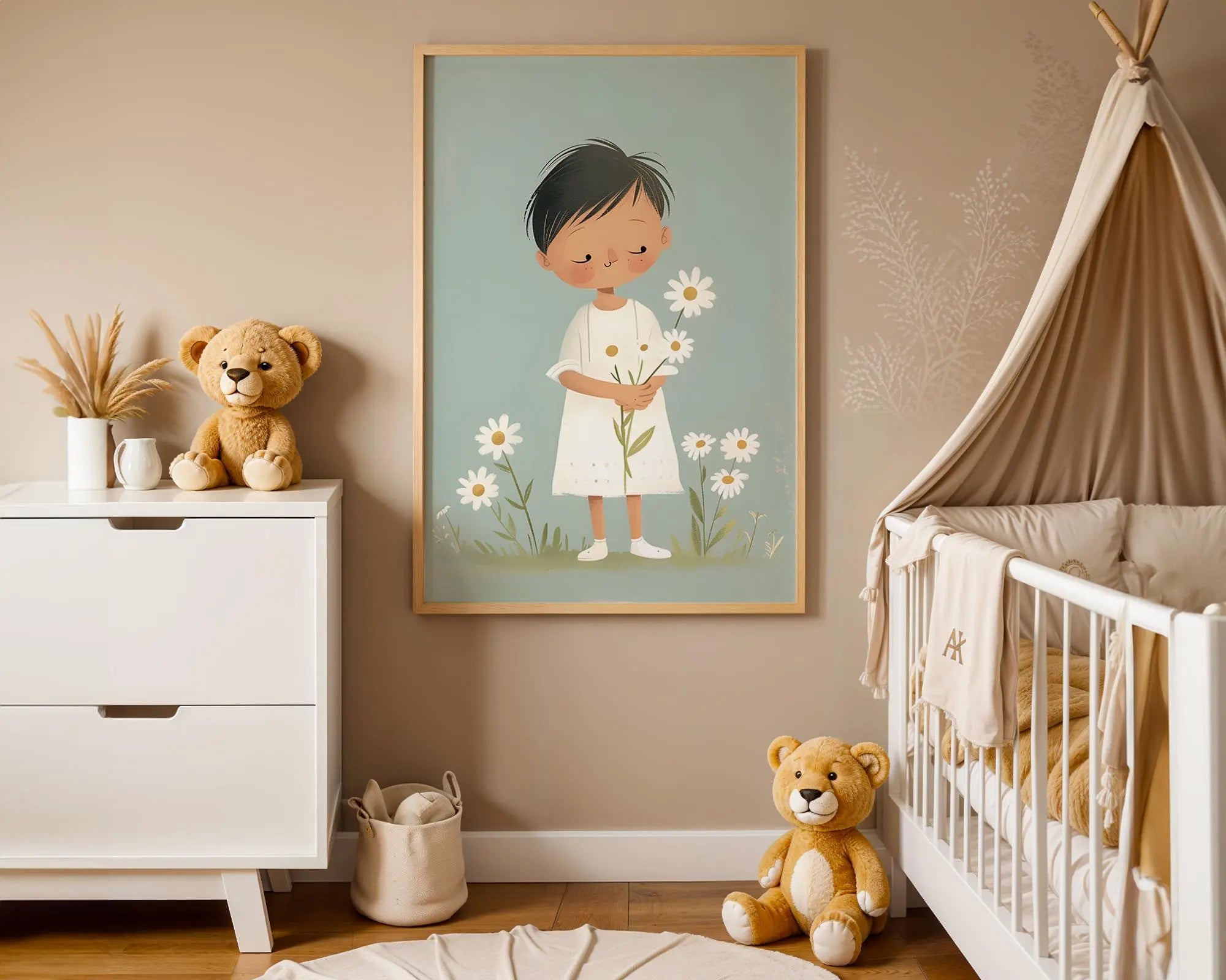 Playroom Ideas | Child With Flowers Nursery Print | Soft Boho Wall Art wall art print, modern home decor, unframed artwork by Nomad & Nest
