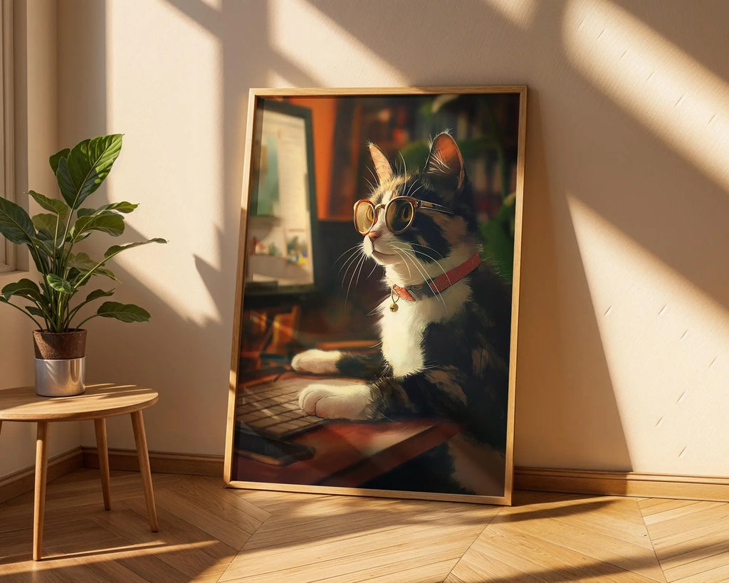 Cat Office Art Print | Funny Feline in Glasses, Modern Home Decor wall art print, modern home decor, unframed artwork by Nomad & Nest