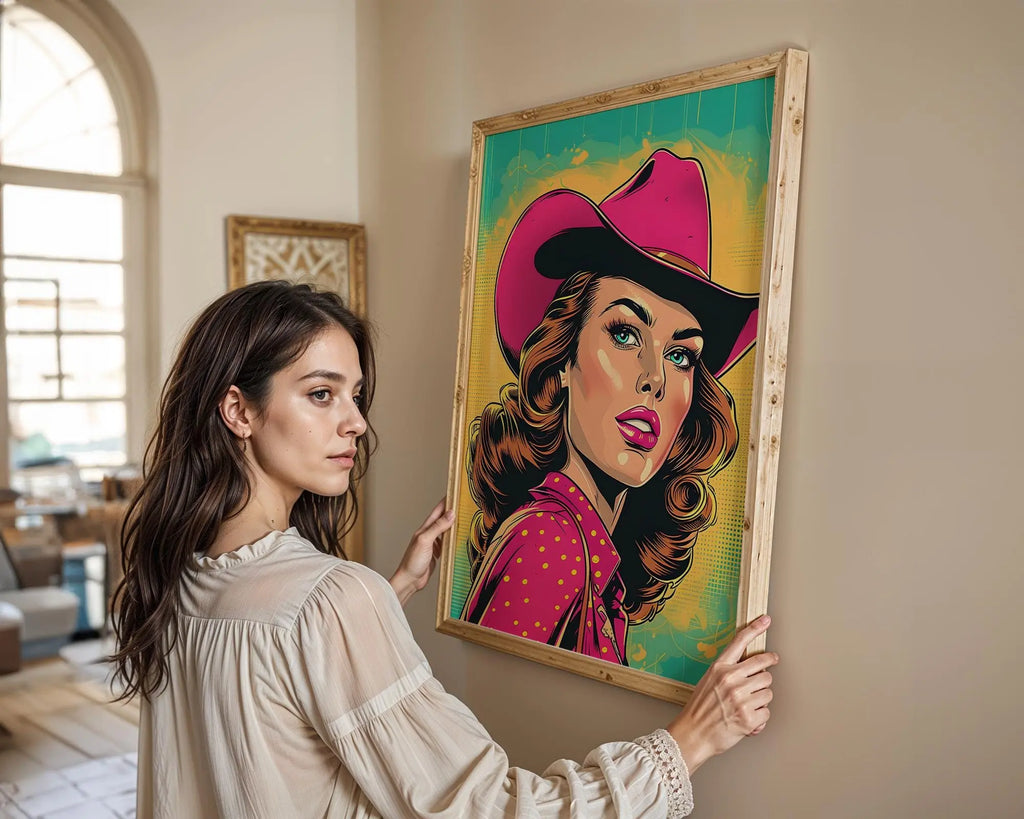 Modern Pop Art | Retro Cowgirl  Print | Pink Western Comic wall art print, modern home decor, unframed artwork by Nomad & Nest