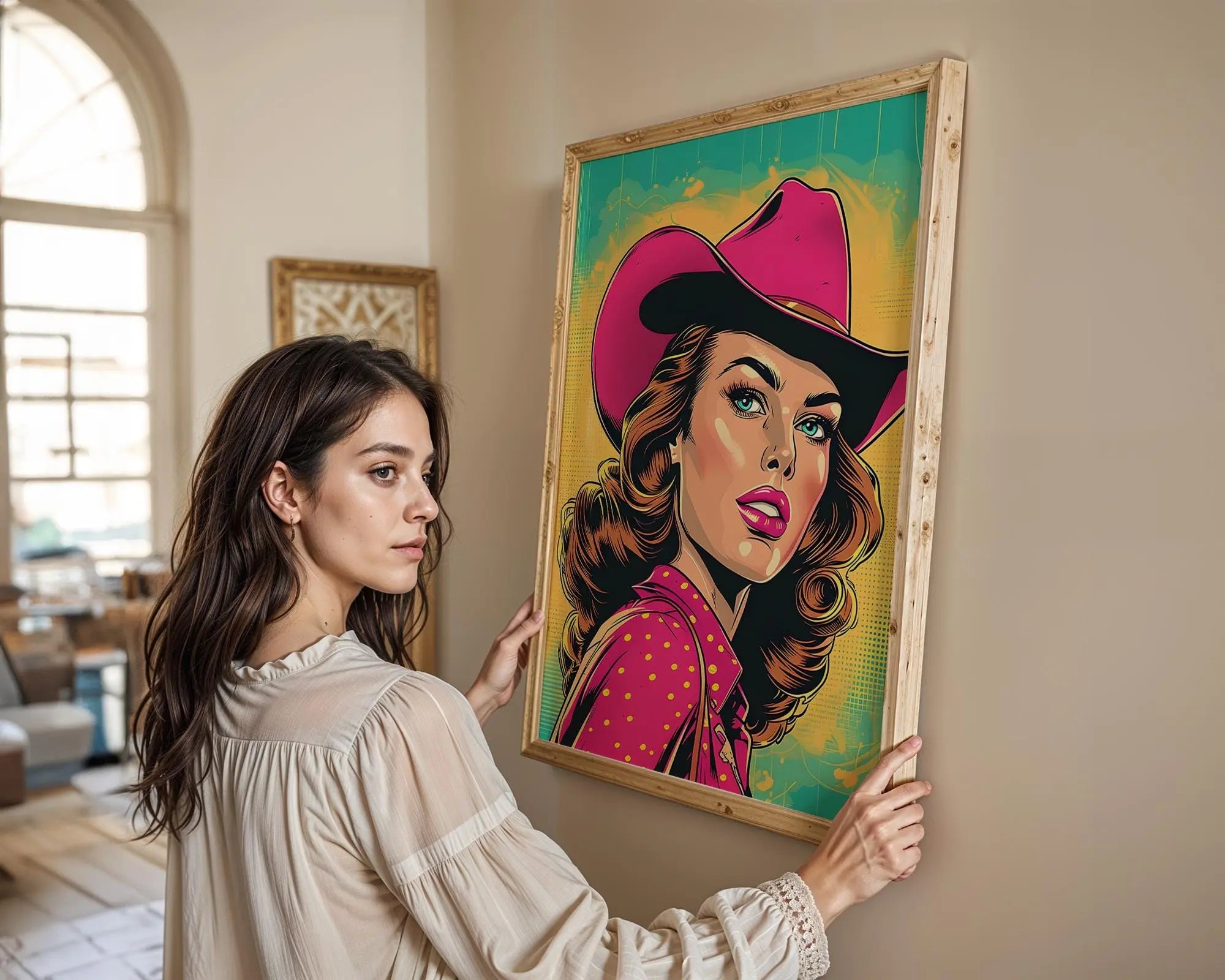 Modern Pop Art | Retro Cowgirl  Print | Pink Western Comic wall art print, modern home decor, unframed artwork by Nomad & Nest