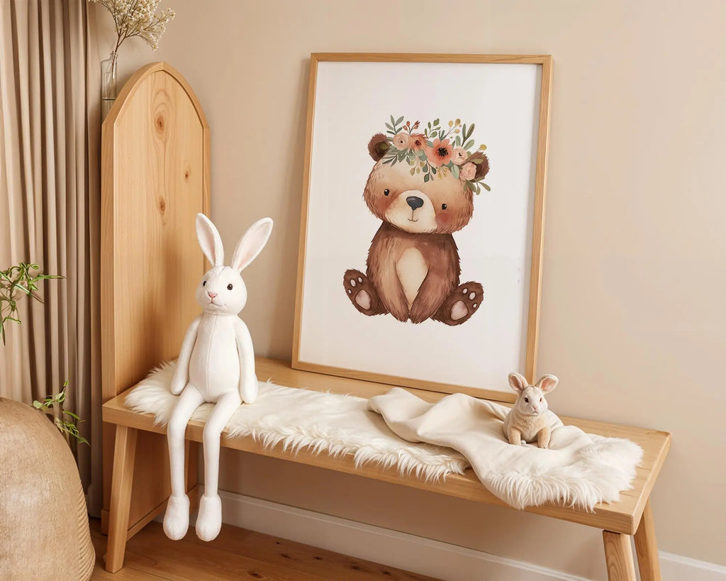 Playroom Ideas | Boho Bear Nursery Wall Art | Flower Crown Animal Baby Decor wall art print, modern home decor, unframed artwork by Nomad & Nest