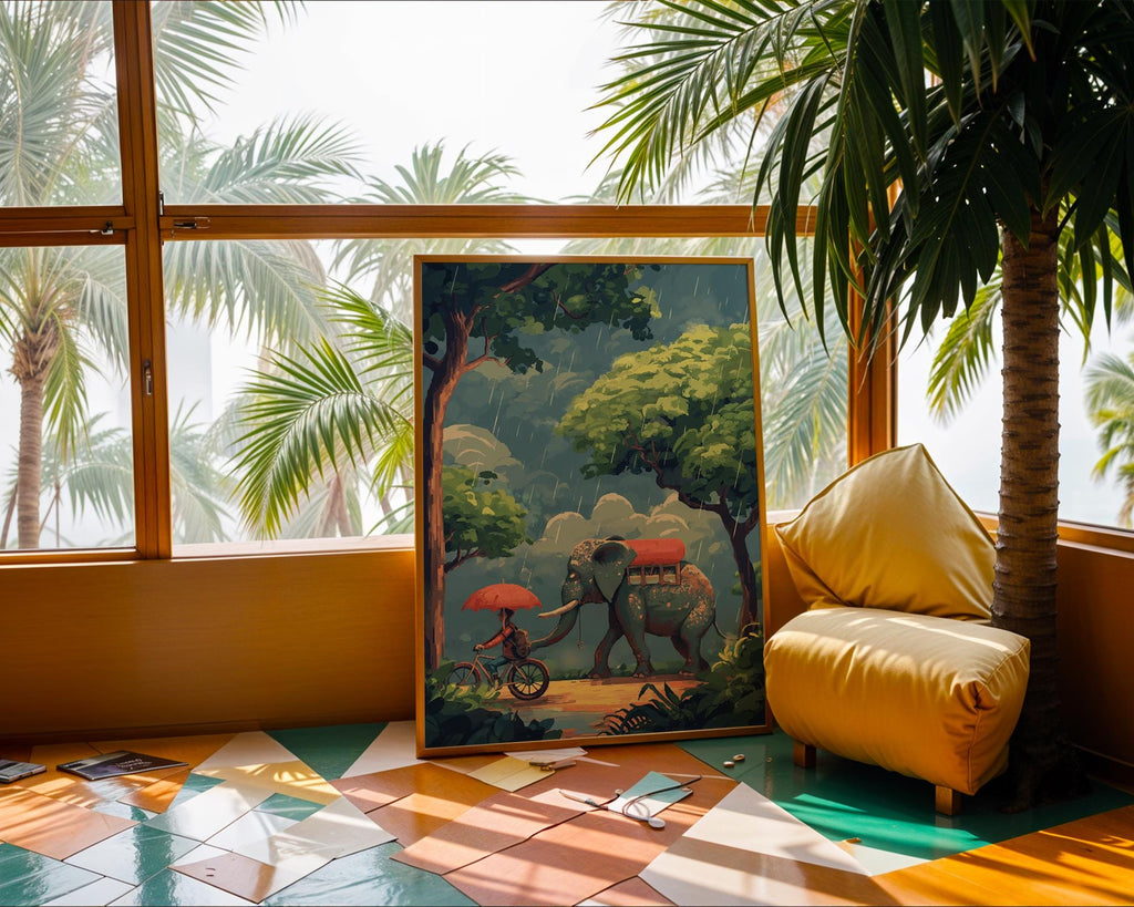 Elephant and Boy Rainy Day Print | Whimsical Friendship Wall Art wall art print, modern home decor, unframed artwork by Nomad & Nest