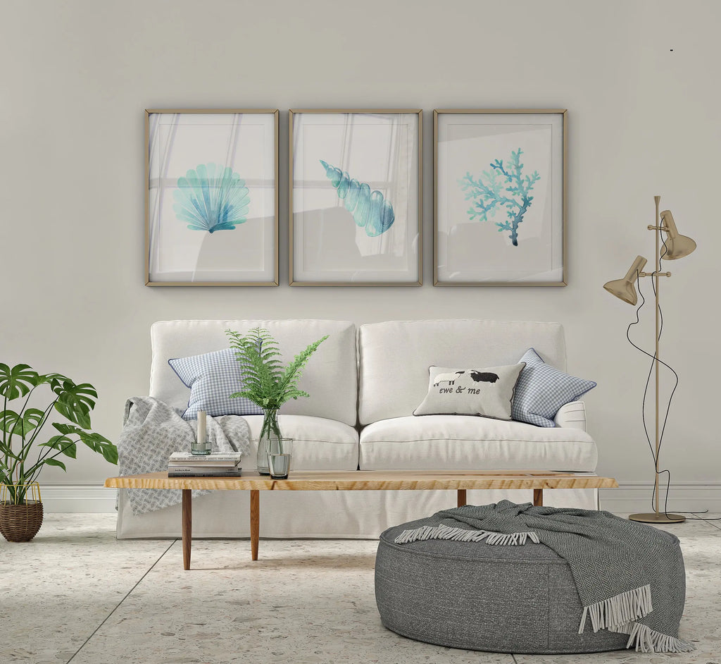 Colourful Prints | Aqua Coral & Shell Prints (Set of 3) wall art print, modern home decor, unframed artwork by Nomad & Nest