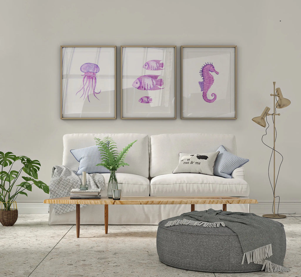 Colourful Prints | Purple Ocean Watercolour Print Set |Seahorse, Jellyfish & Fish Wall Art (Set of 3) wall art print, modern home decor, unframed artwork by Nomad & Nest