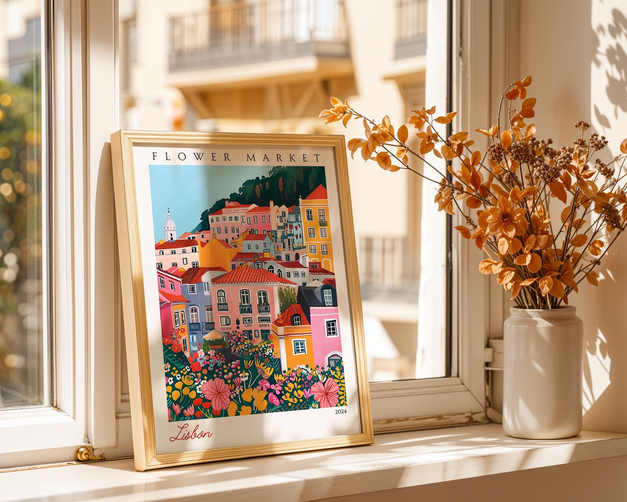 Lisbon Flower Market Art Print | Colorful Portugal Travel Poster wall art print, modern home decor, unframed artwork by Nomad & Nest