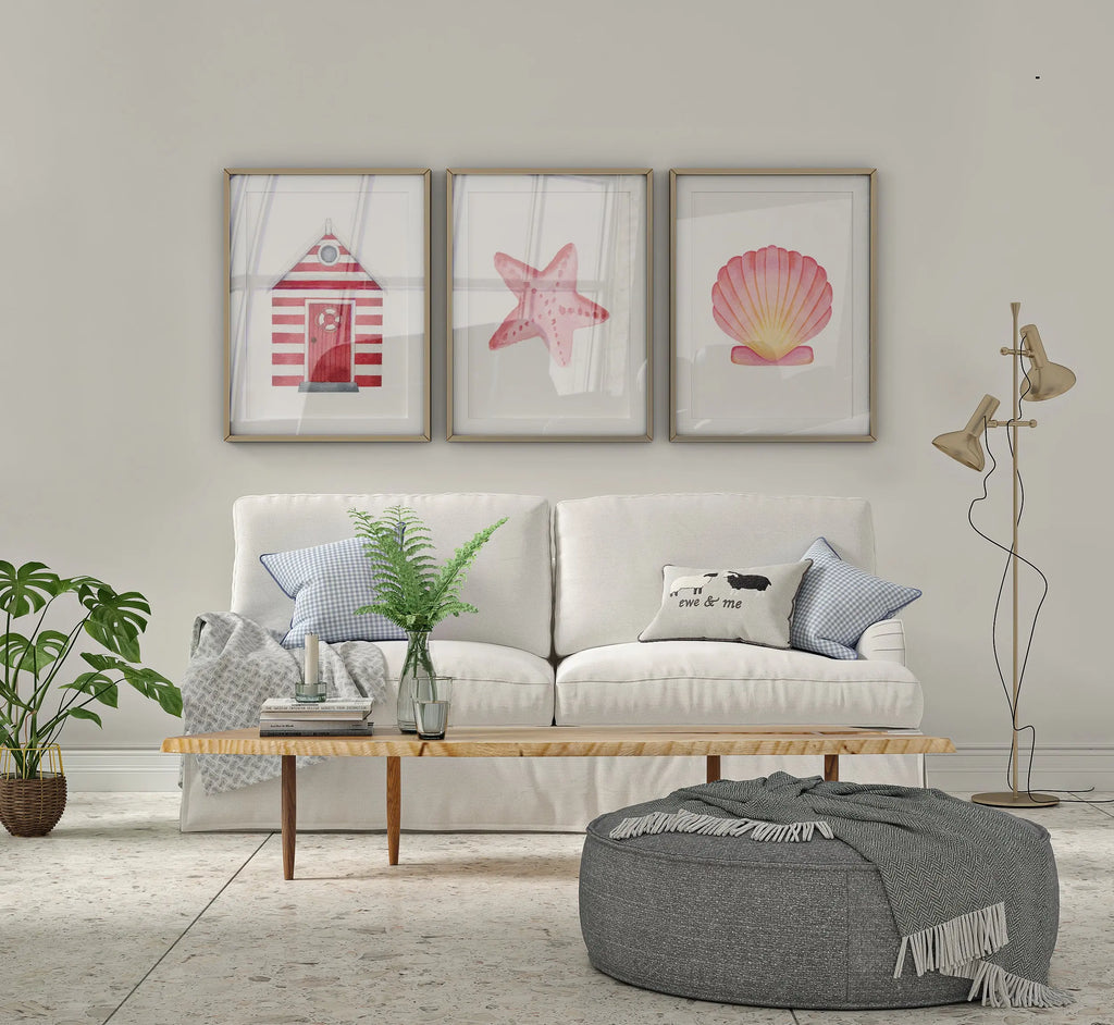 Colourful Prints | Coastal Wall Art Set | Pink Shell, Starfish, Beach Hut Prints (Set of 3) wall art print, modern home decor, unframed artwork by Nomad & Nest