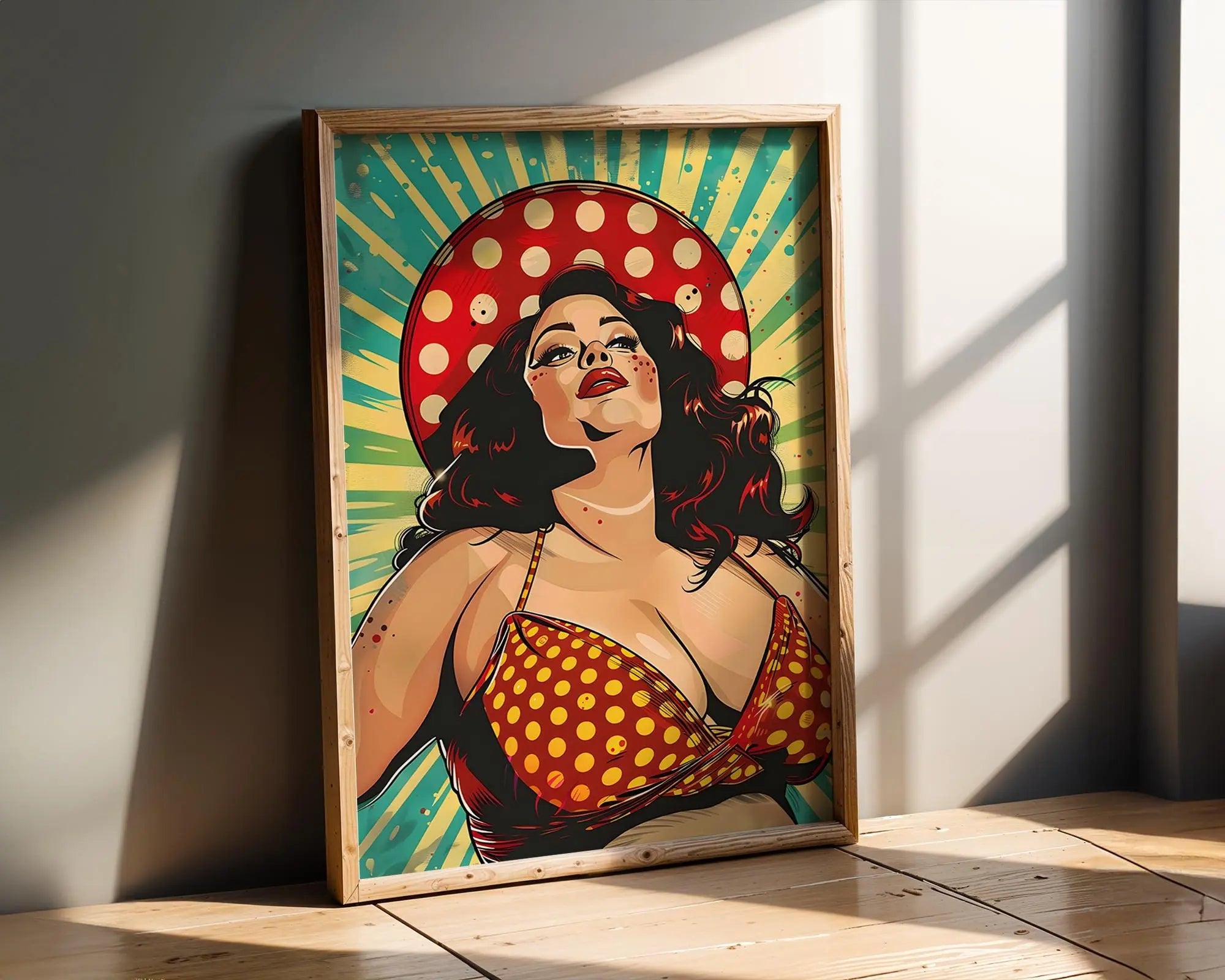 Modern Pop Art | Retro Pin-Up Print | Curvy Woman in Polka Dot Bikini & Hat wall art print, modern home decor, unframed artwork by Nomad & Nest